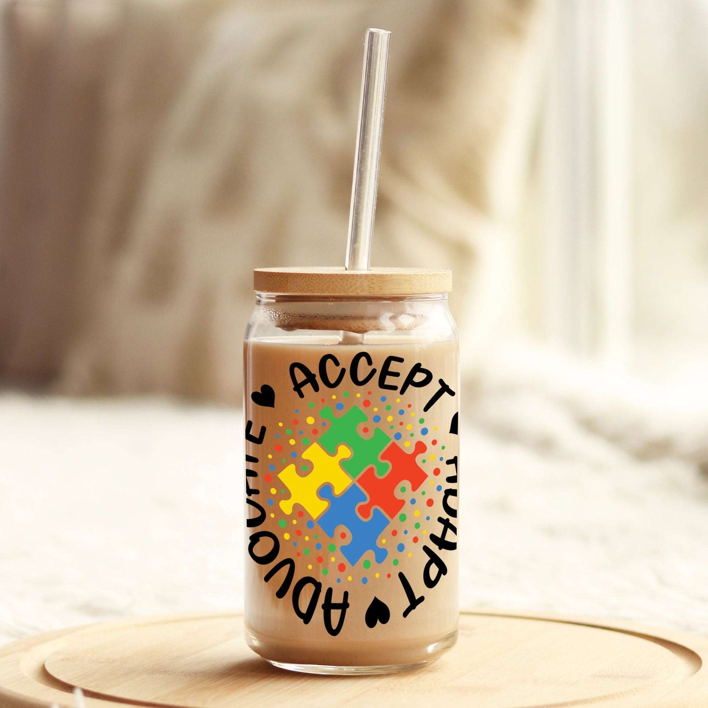Accept Adapt Advocate Autism Awareness 16oz Libbey Glass Can UV DTF or Sublimation Cup Wrap - Decal Transfer Weefers