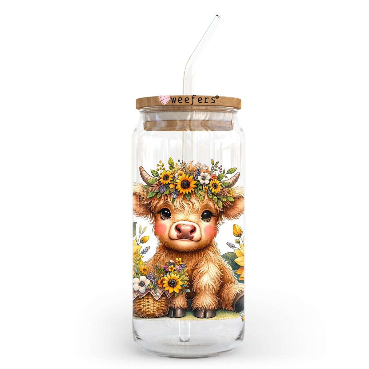 Baby Highlander Cow Sunflowers 20oz Libbey Glass Can UV DTF or Sublimation Decal Transfer Weefers