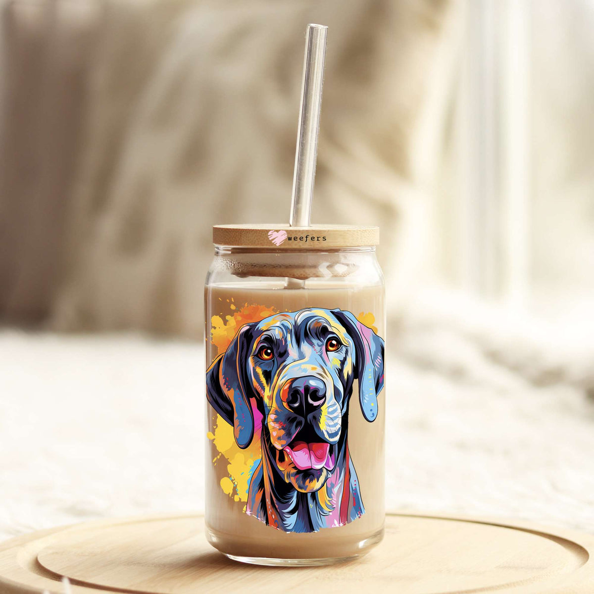 Great Dane Colorful Watercolor 16oz Libbey Glass Can UV DTF or Sublimation Wrap - Decal Weefers