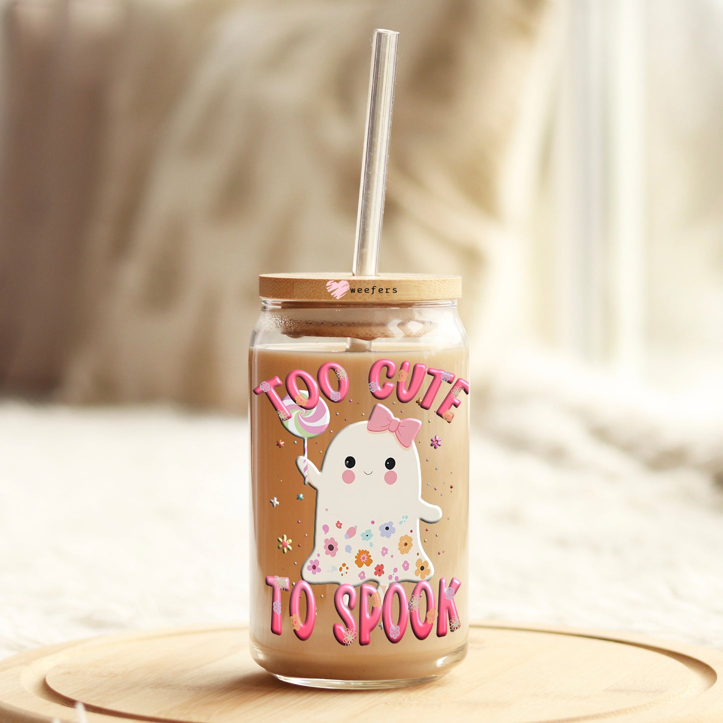 Too Cute To Spook Pink 16oz Libbey Glass Can UV DTF or Sublimation Wrap Decal Transfer Weefers