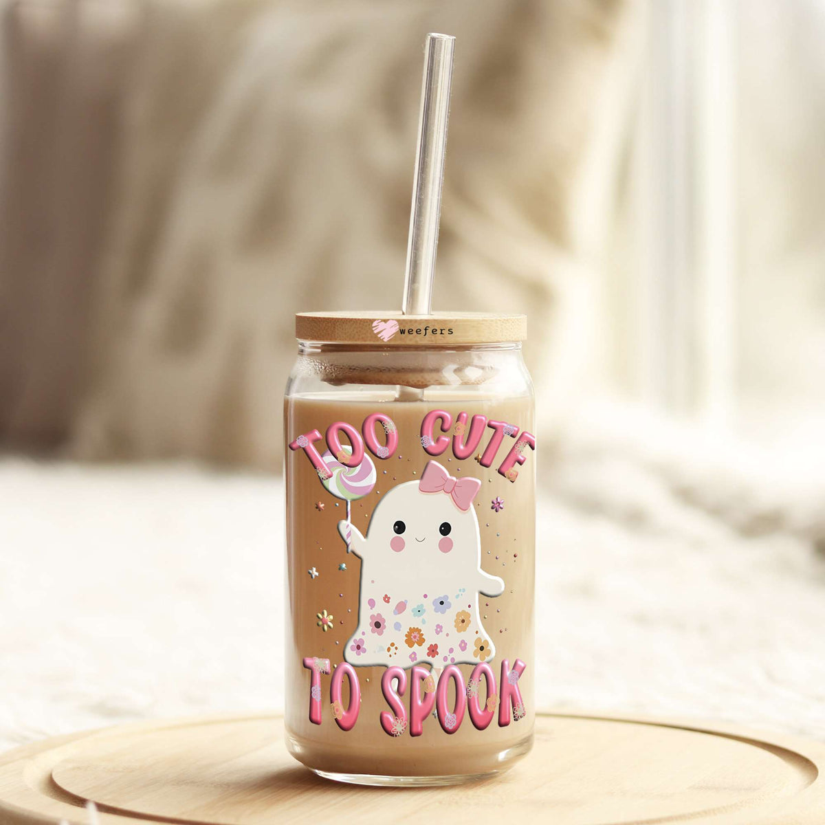 Too Cute To Spook Pink 16oz Libbey Glass Can UV DTF or Sublimation Wrap Decal Transfer Weefers