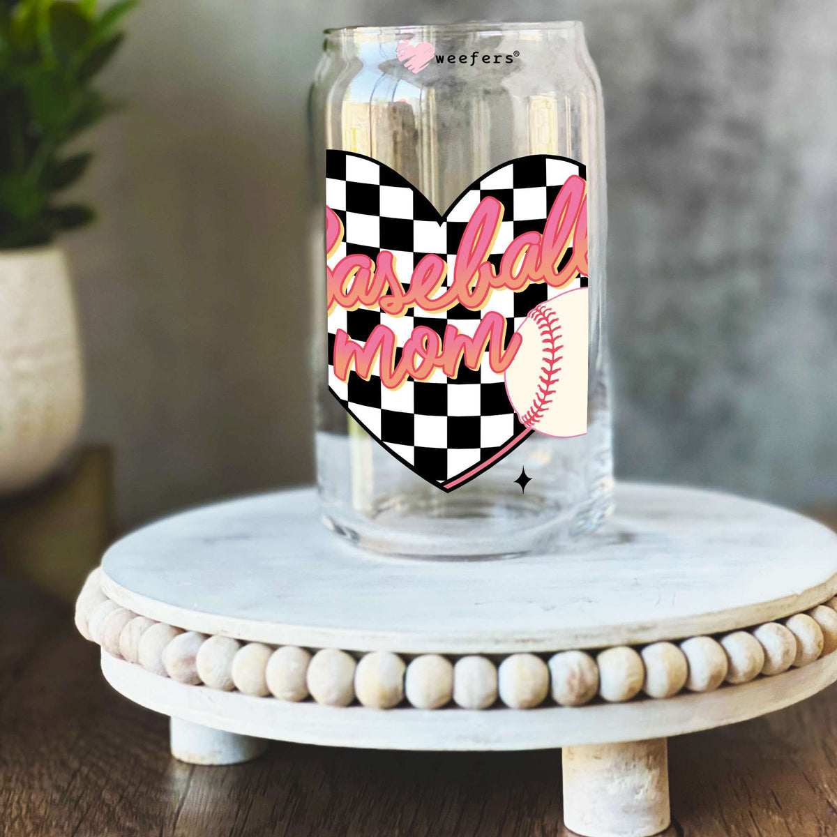 Baseball Mom Black Checkers 16oz Libbey Glass Can UV DTF or Sublimation Wrap Decal Transfer Weefers