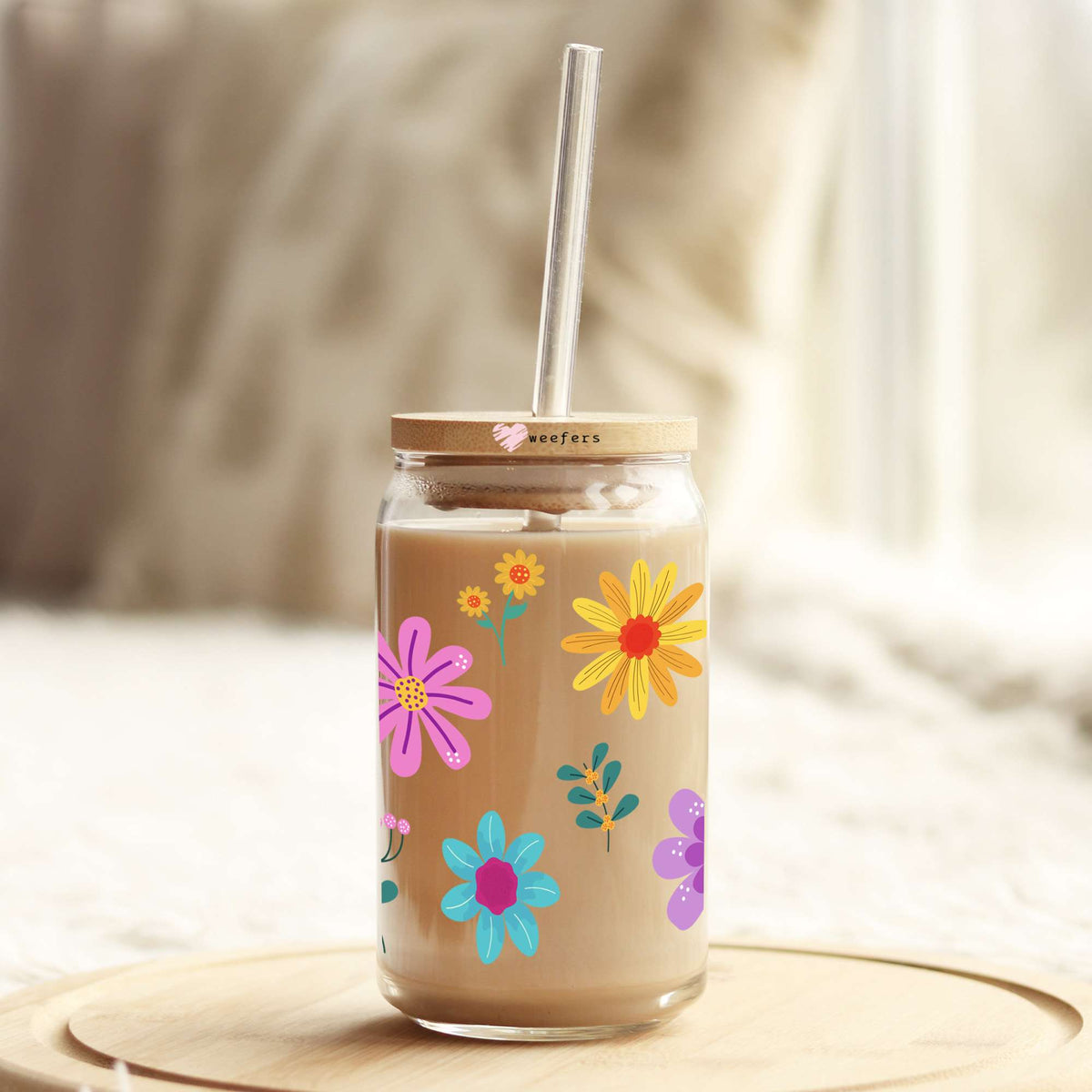 Colorful Summer Flowers 16oz Libbey Glass Can UV DTF or Sublimation Wrap - Decal Transfer Weefers