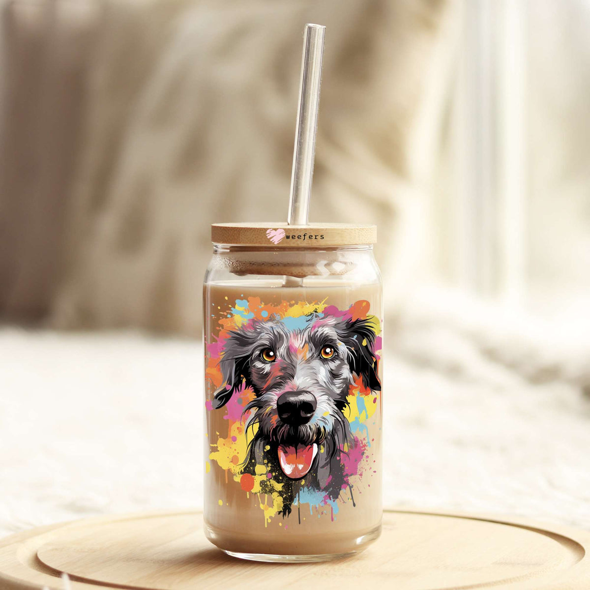 Scottish Deerhound Colorful Watercolor 16oz Libbey Glass Can UV DTF or Sublimation Wrap - Decal Weefers