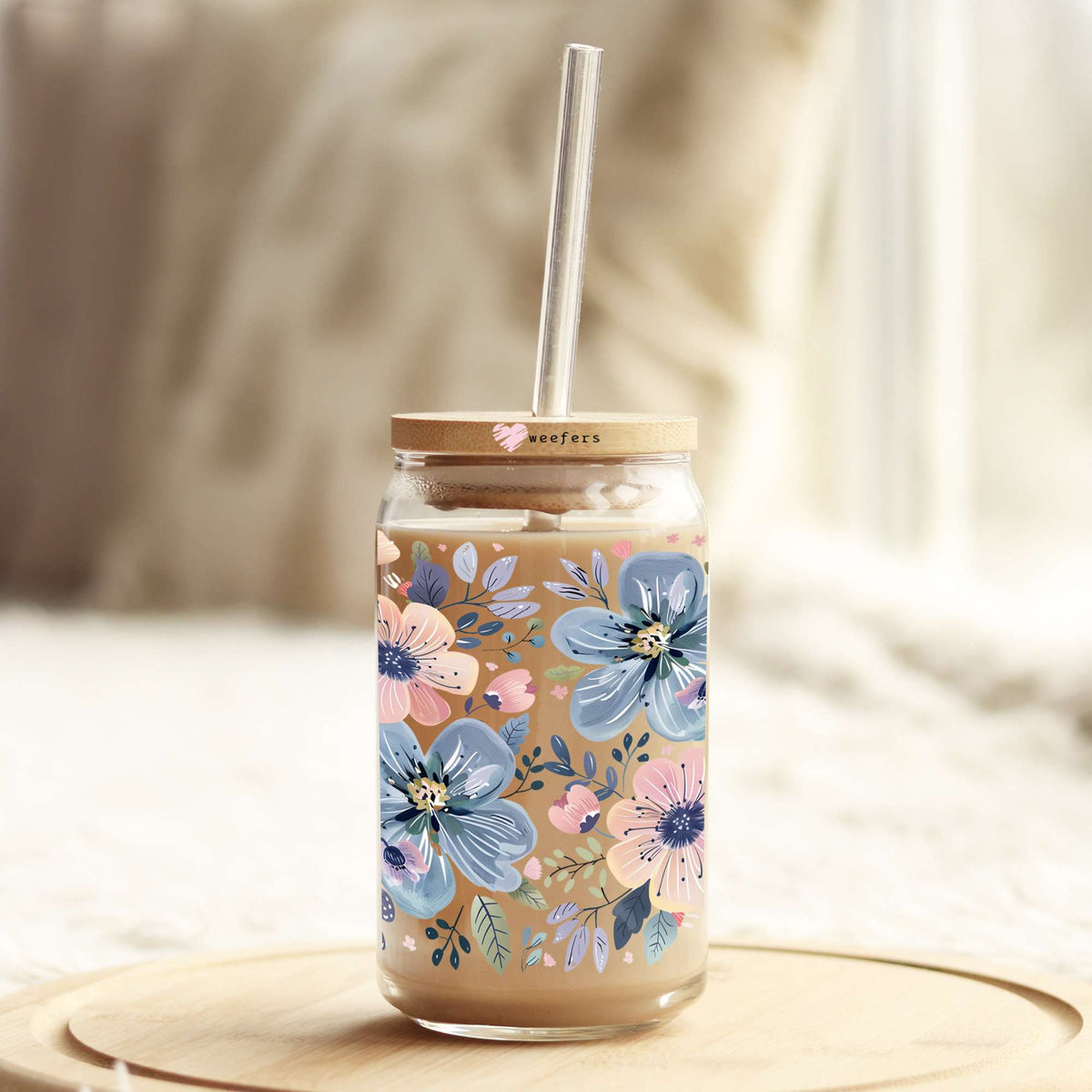 Pink and Blue Flowers 16oz Libbey Glass Can UV DTF or Sublimation Wrap Decal Transfer Weefers