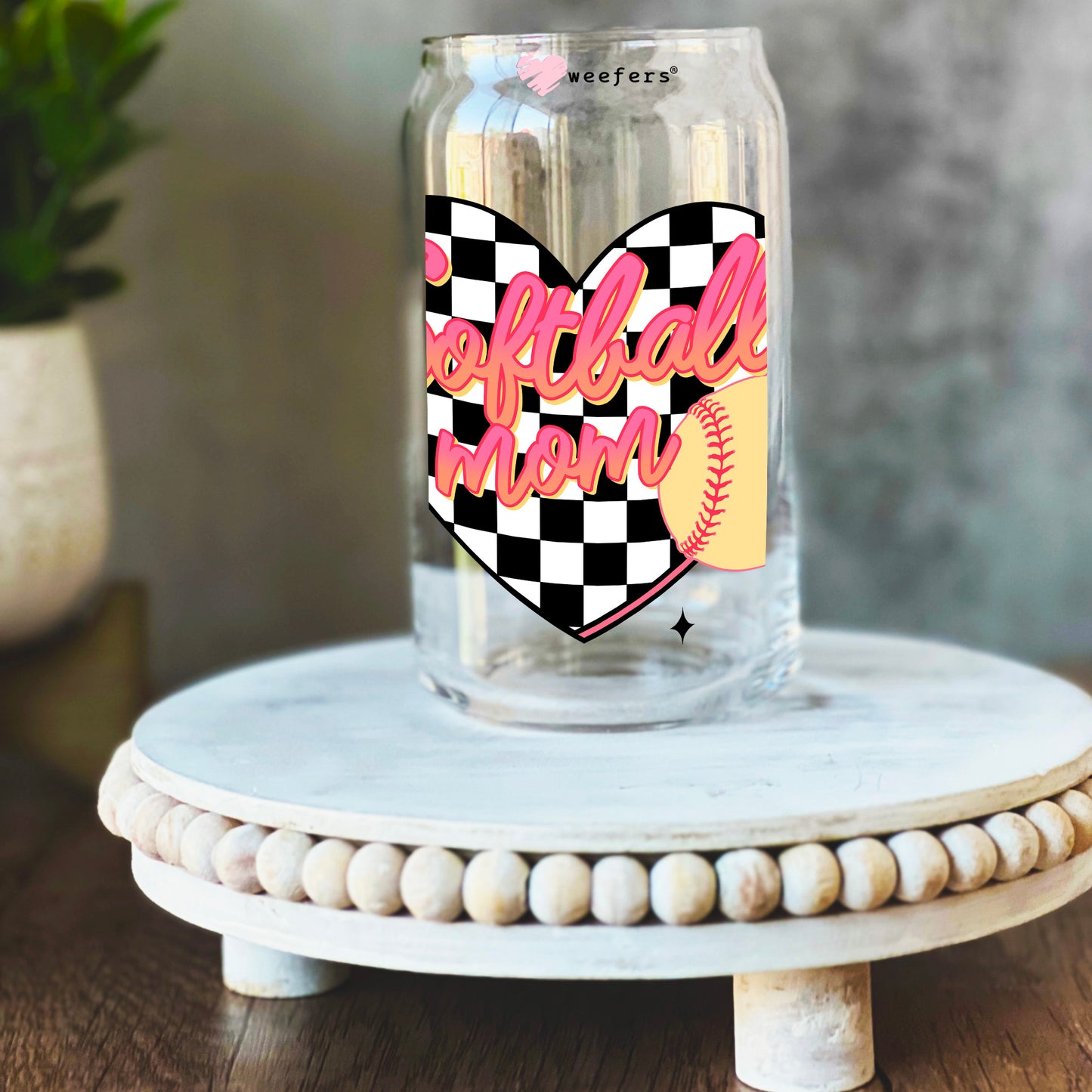 Softball Mom Black Checkers 16oz Libbey Glass Can UV DTF or Sublimation Wrap Decal Transfer Weefers