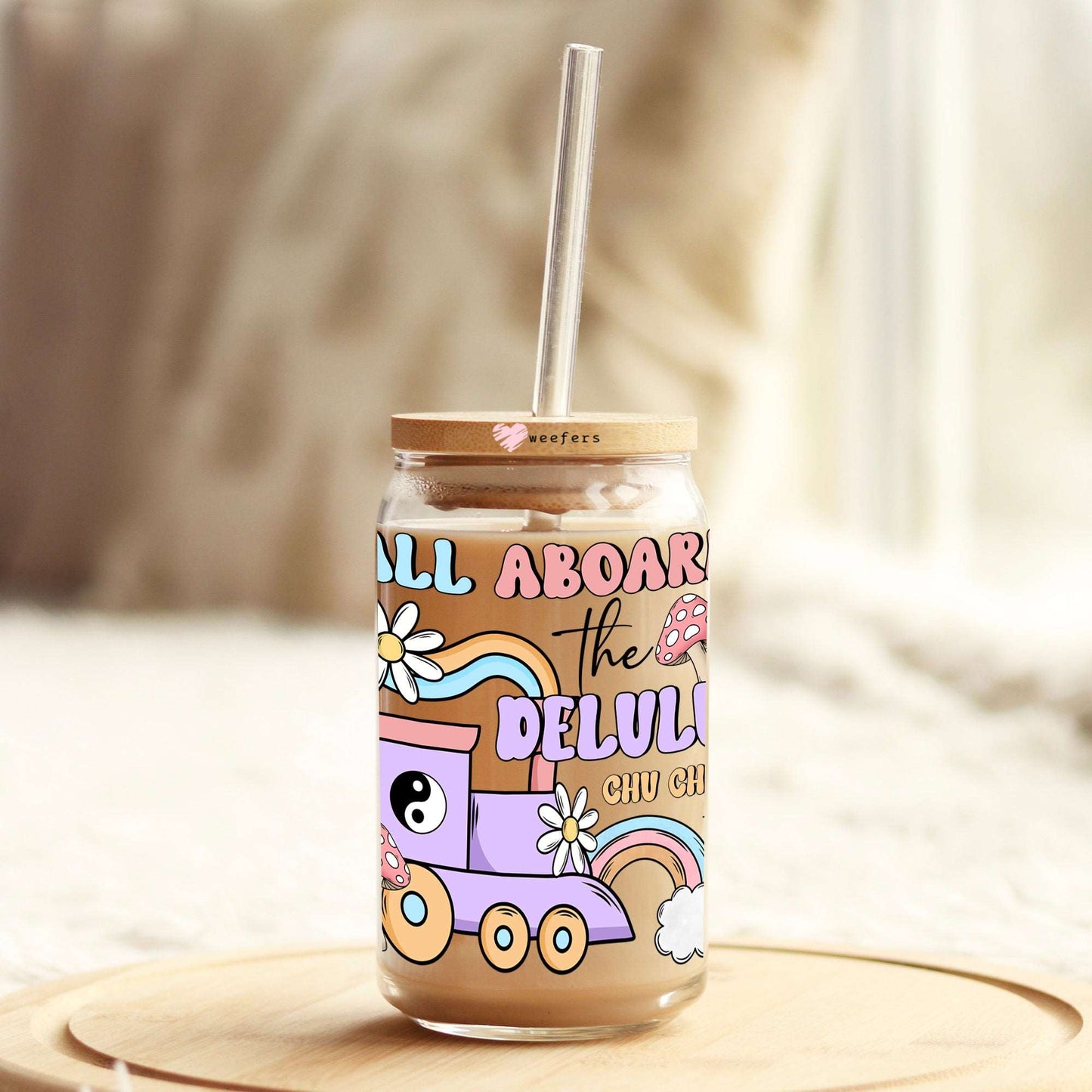 All Aboard the Delulu Chu Chu 16oz Libbey Glass Can UV DTF or Sublimation Cup Wrap - Decal Transfer Weefers