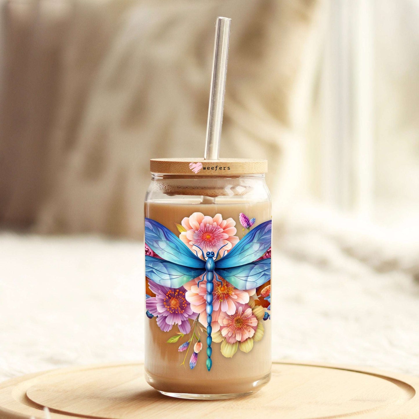 3D Dragonfly Floral 16oz Libbey Glass Can UV DTF or Sublimation Cup Wrap - Decal Transfer Weefers