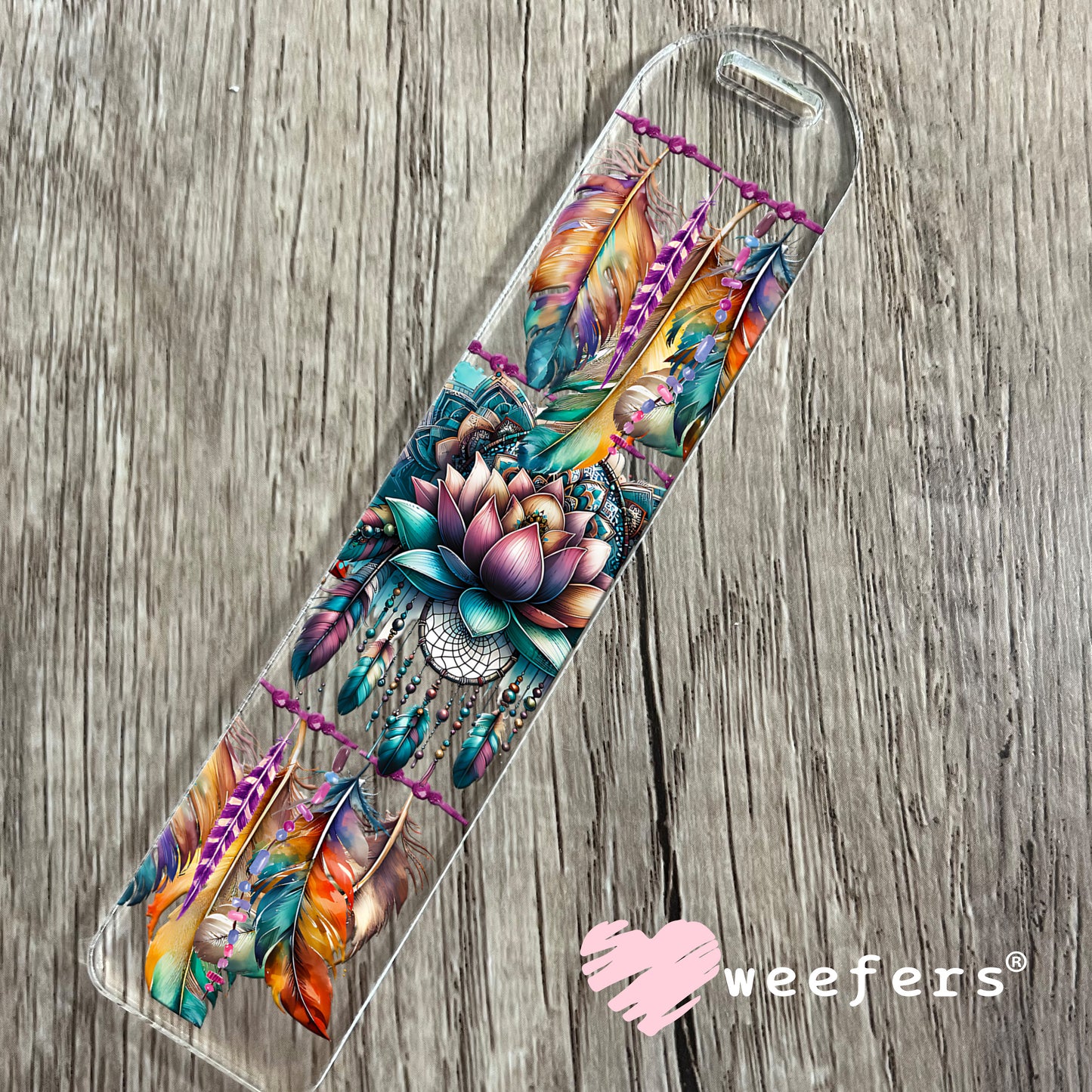 Teal Lotus Flower Feathers UV DTF Cup Wrap Bookmark Weefers