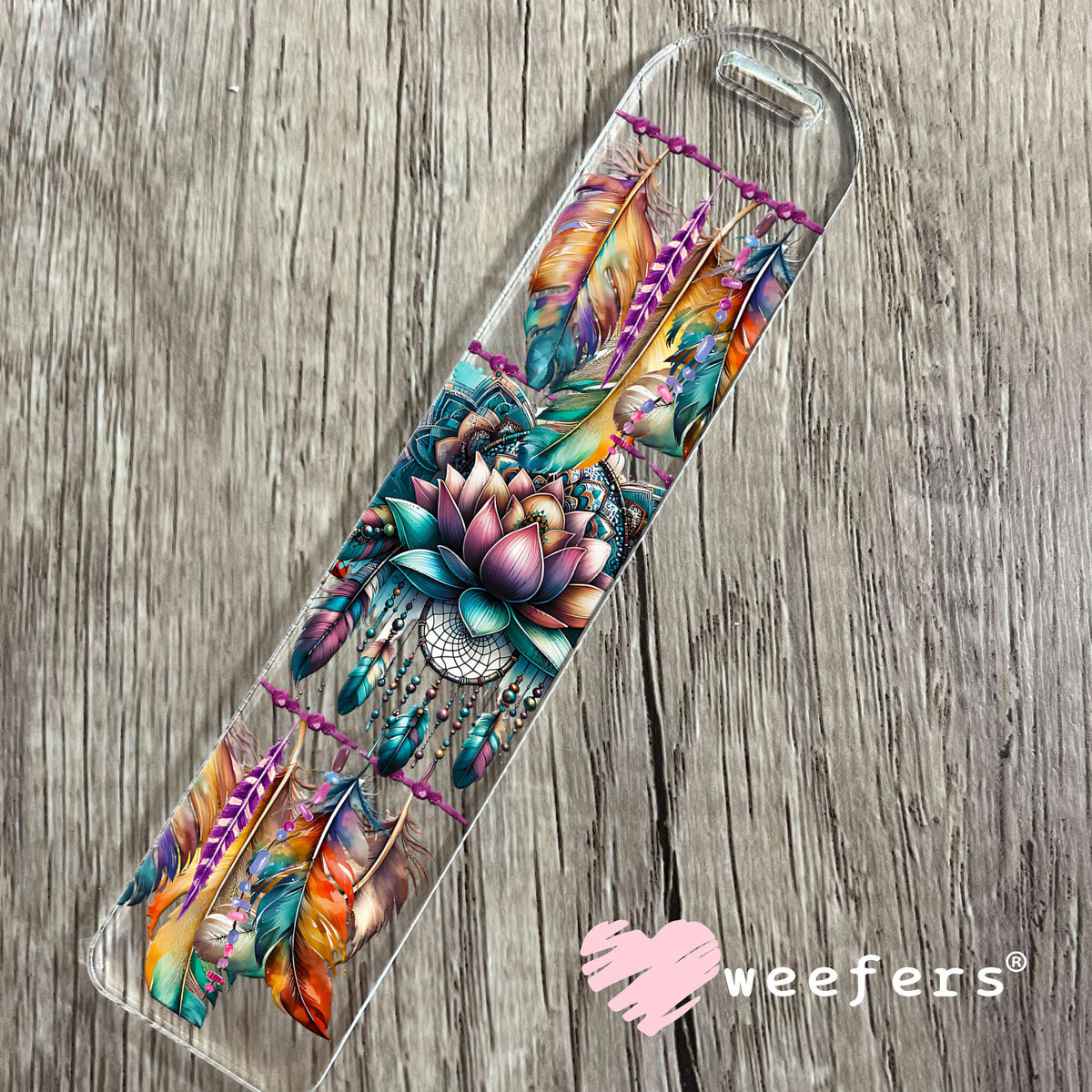 Teal Lotus Flower Feathers UV DTF Cup Wrap Bookmark Weefers