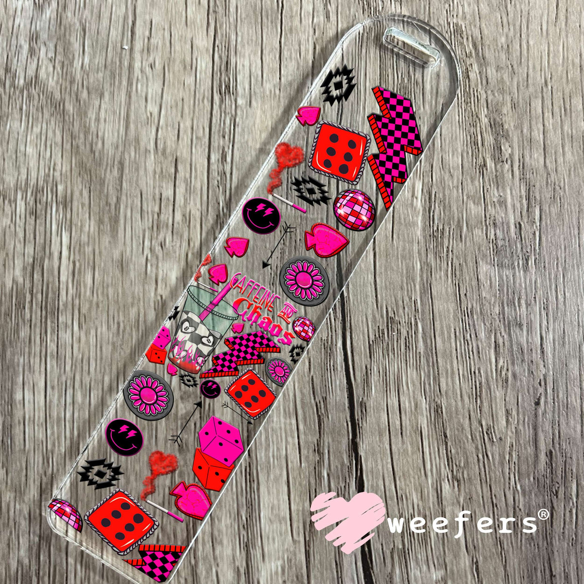 Caffeine and Chaos Hot Pink Dice UV DTF Cup Wrap - WEEFERS EXCLUSIVE WRAP Bookmark Weefers