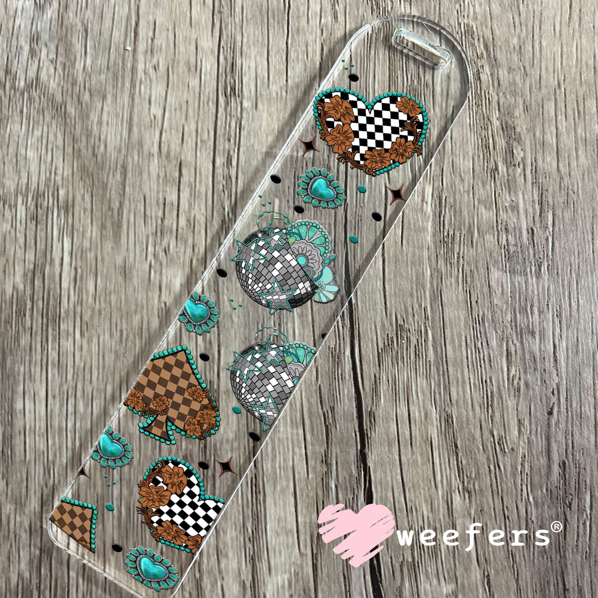 Brown Checkered Heart and Spades Turquoise UV DTF Cup Wrap - WEEFERS EXCLUSIVE WRAP Bookmark Weefers
