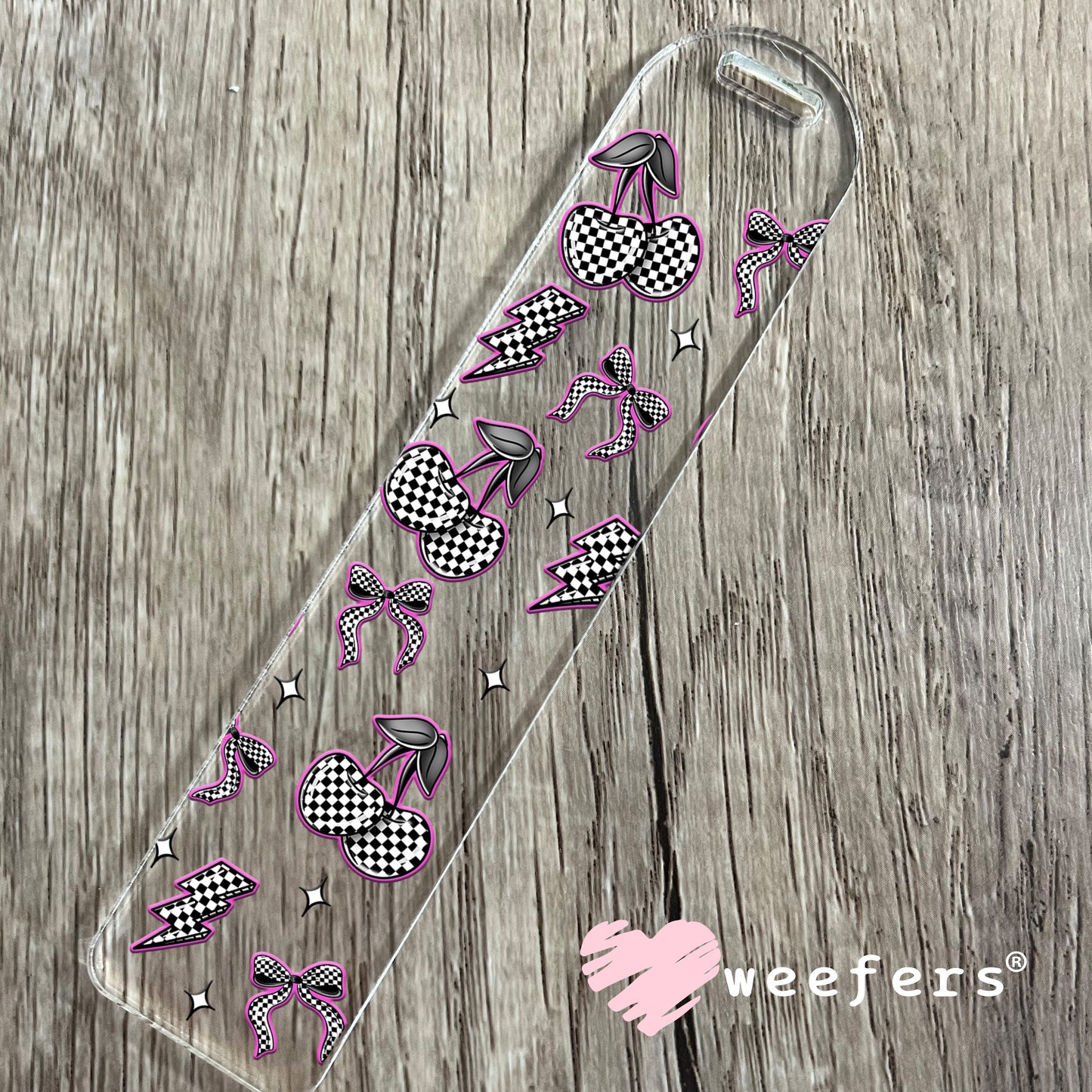 Purple Black and White Checkered Cherries and Bows UV DTF Cup Wrap - WEEFERS EXCLUSIVE WRAP Bookmark Weefers