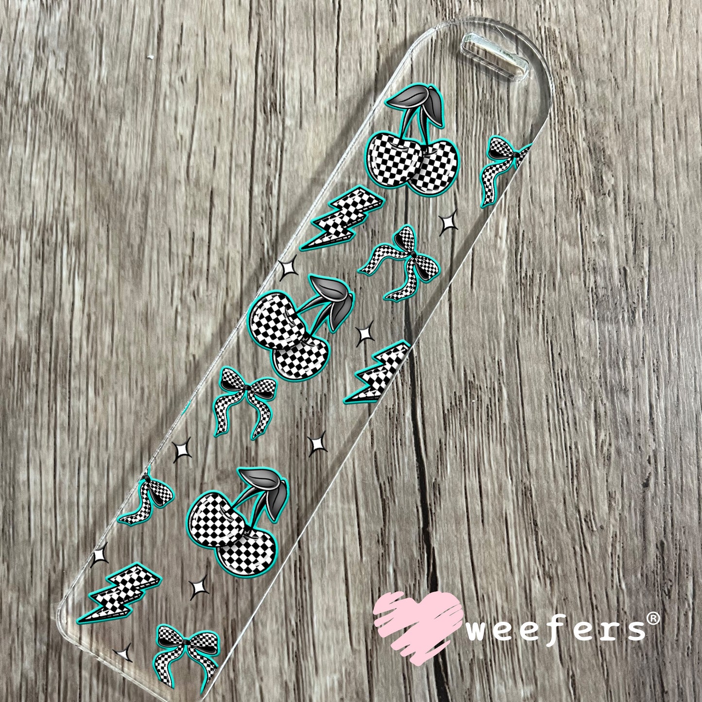 Teal Black and White Checkered Cherries and Bows UV DTF Cup Wrap - WEEFERS EXCLUSIVE WRAP Bookmark Weefers