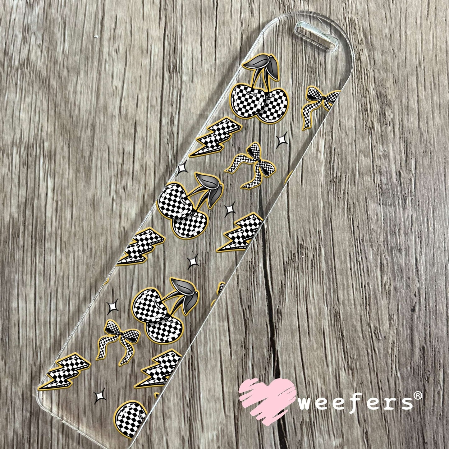 Yellow Black and White Checkered Cherries and Bows UV DTF Cup Wrap - WEEFERS EXCLUSIVE WRAP Bookmark Weefers