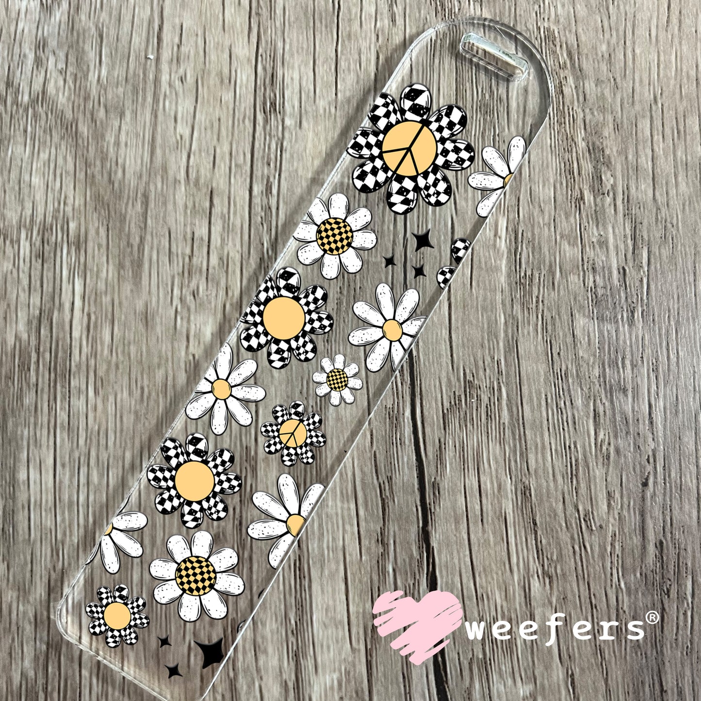 Black and White Checkered Flowers and White Daisies Scattered UV DTF Cup Wrap Bookmark Weefers