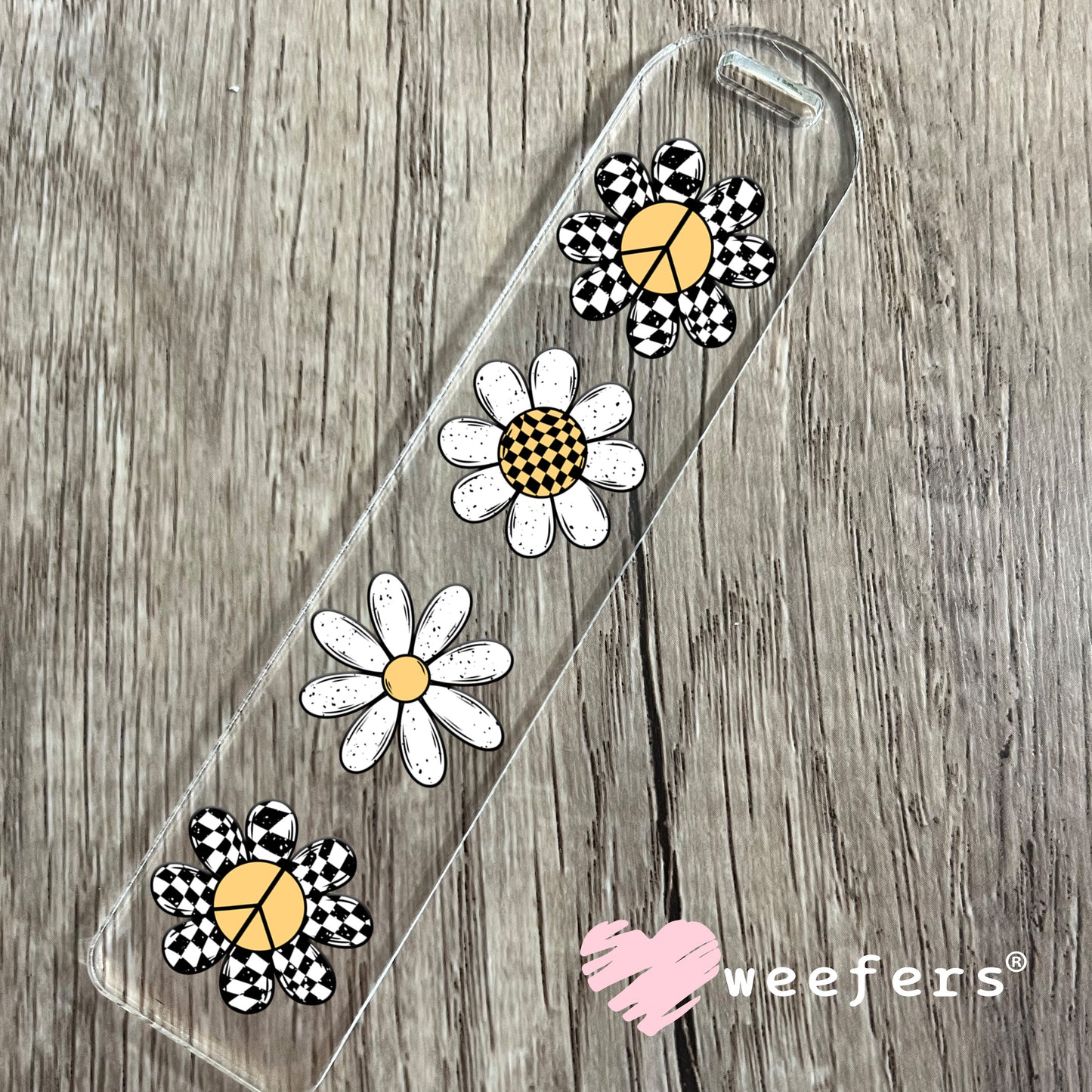 Black and White Checkered Flowers and White Daisies Lined UV DTF Cup Wrap Bookmark Weefers