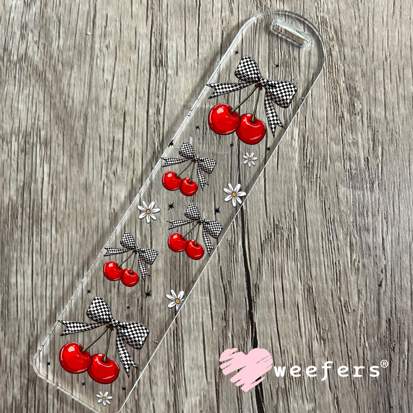 Black and White Checkered Bow Cherries UV DTF Cup Wrap - WEEFERS EXCLUSIVE WRAP Bookmark Weefers