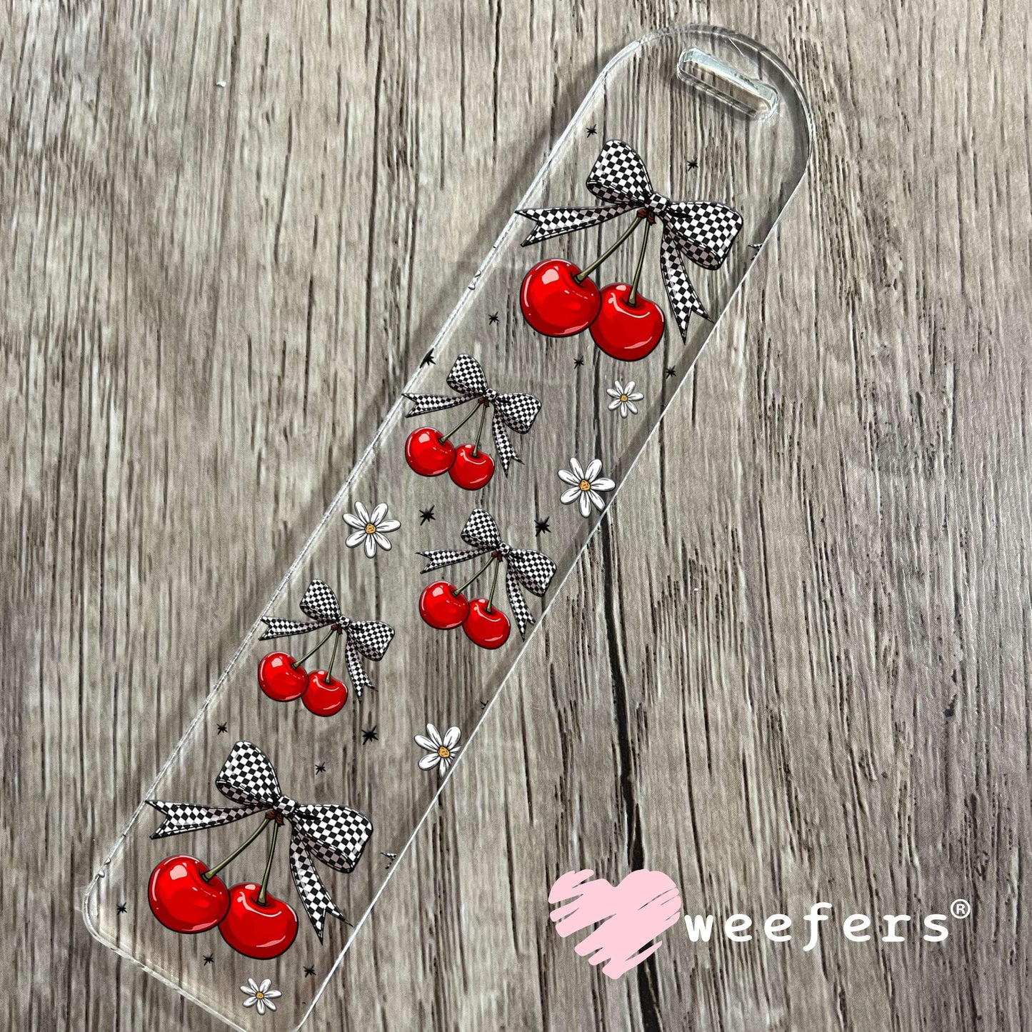 Black and White Checkered Bow Cherries UV DTF Cup Wrap - - Weefers® Exclusive Bookmark Weefers