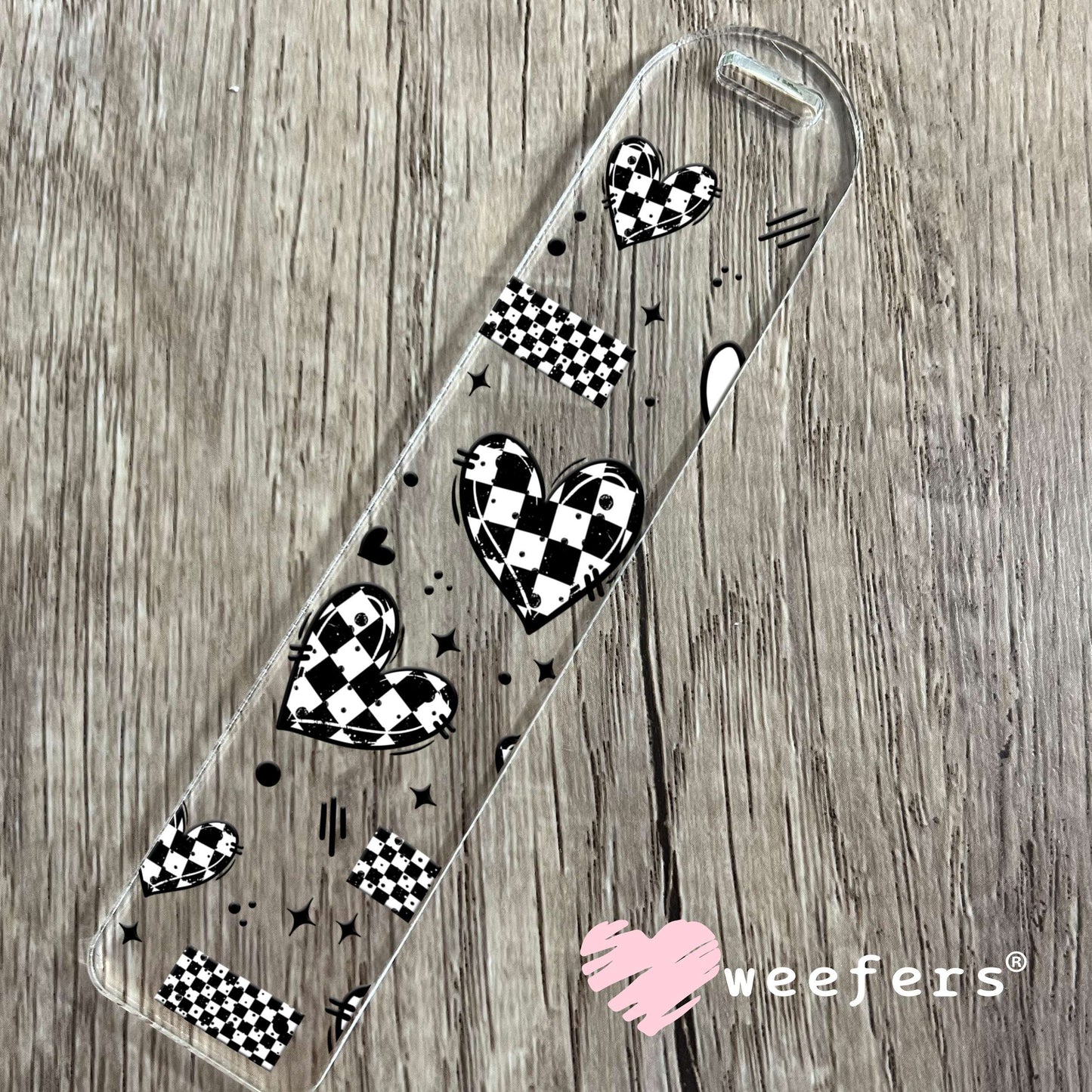 Black and White Checkered Hearts Black UV DTF Cup Wrap Bookmark Weefers