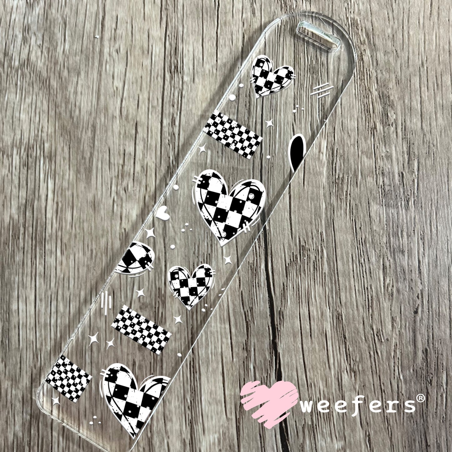 Black and White Checkered Hearts White UV DTF Cup Wrap Bookmark Weefers