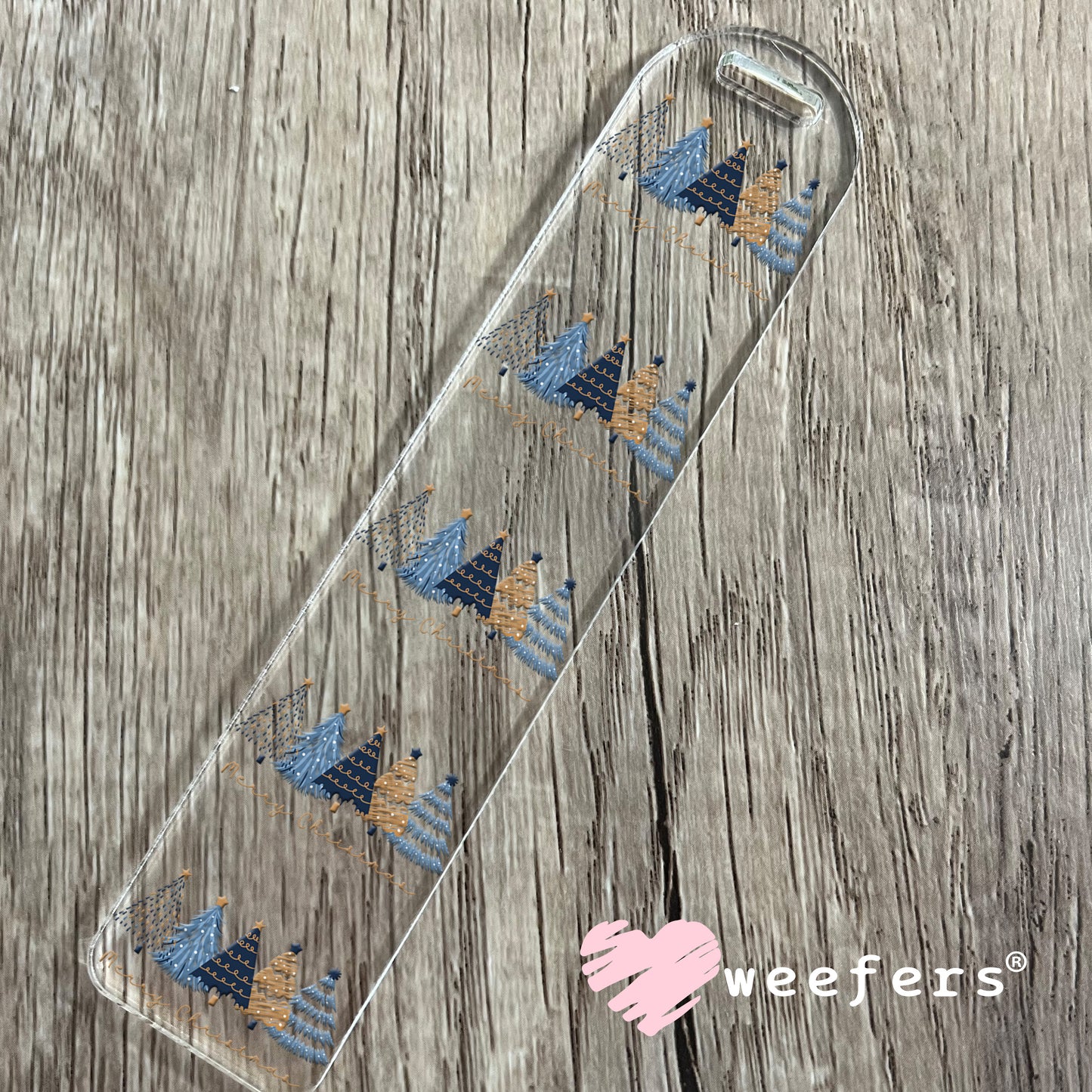 Merry Christmas Blue Gold Trees UV DTF Cup Wrap Bookmark Weefers