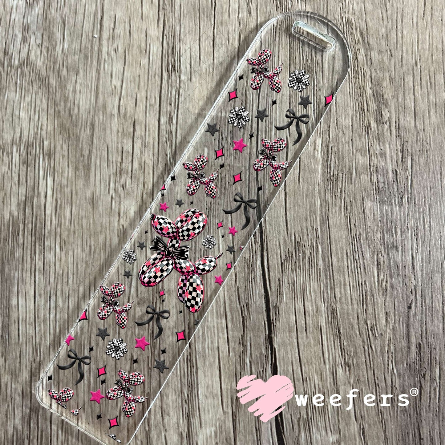 Black and White Checkered Pink Balloon Dog Teal Bow UV DTF Cup Wrap - Weefers® Exclusive Bookmark Weefers