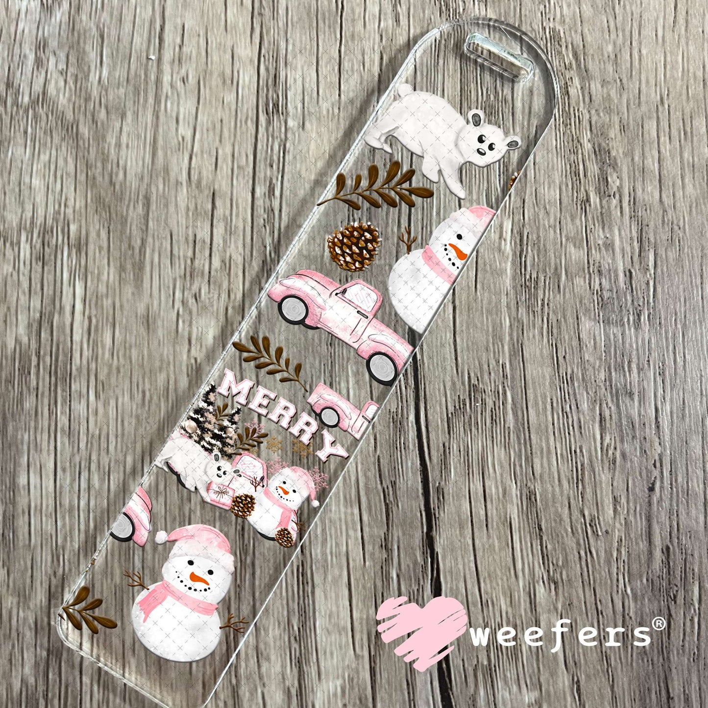 Pink Merry Snowmen and White Bears UV DTF Cup Wrap Bookmark Weefers
