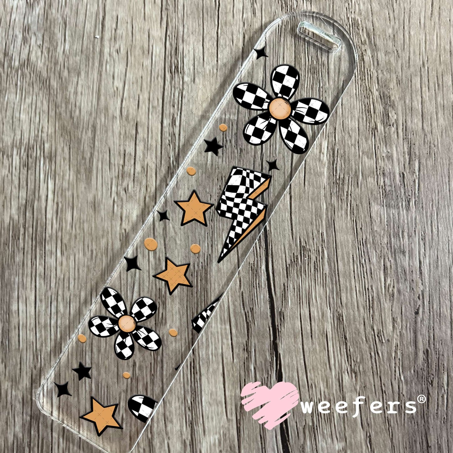 Black and White Checkered Flowers Lightening Bolts UV DTF Cup Wrap Bookmark Weefers