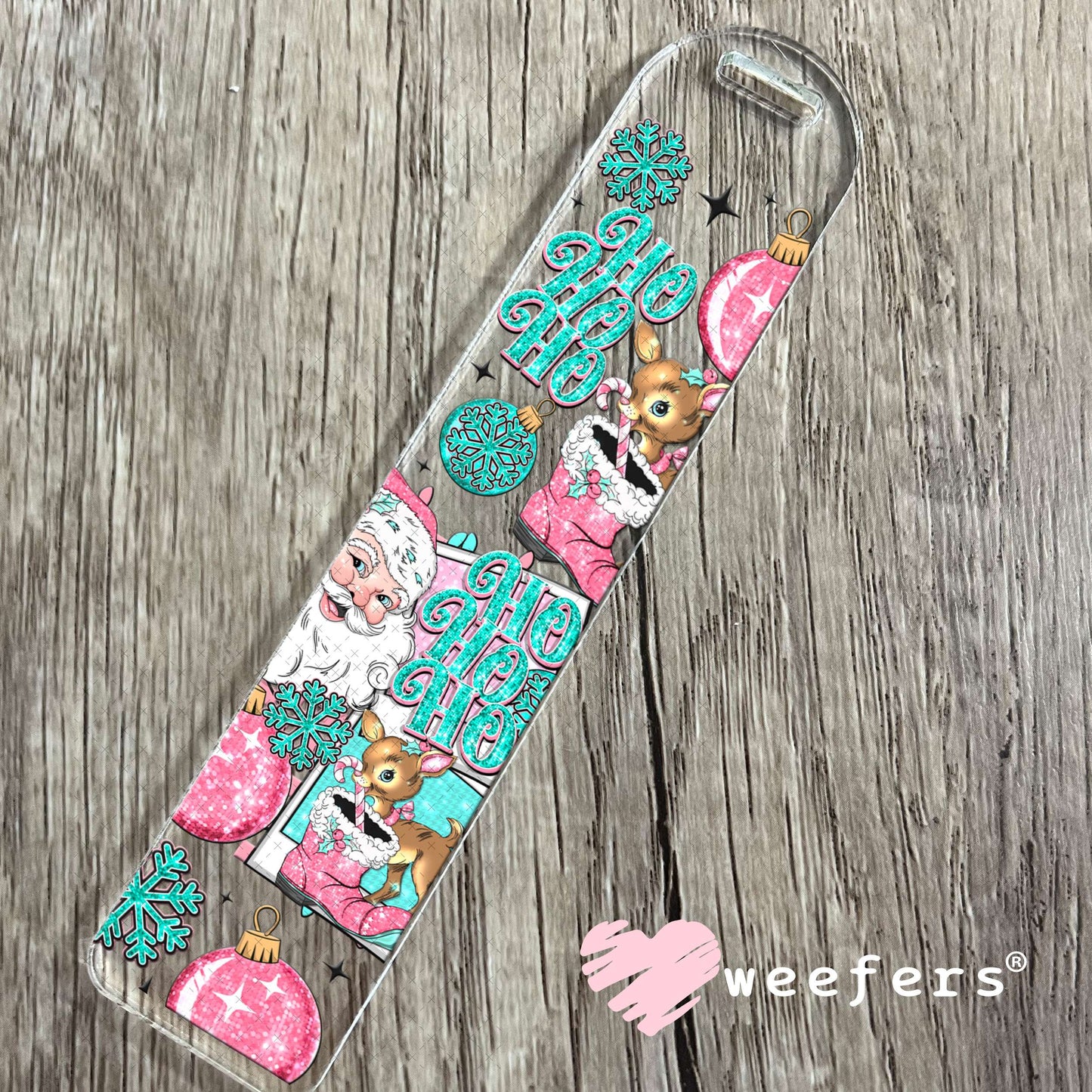 Ho Ho Ho Vintage Pink and Teal Santa UV DTF Cup Wrap Bookmark Weefers