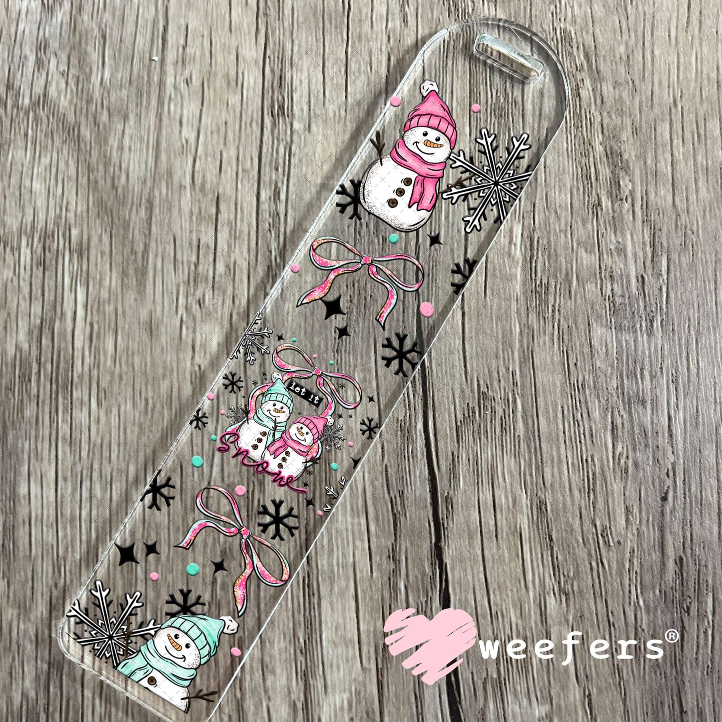 Let it Snow Pink and Blue Snowmen UV DTF Cup Wrap Bookmark Weefers