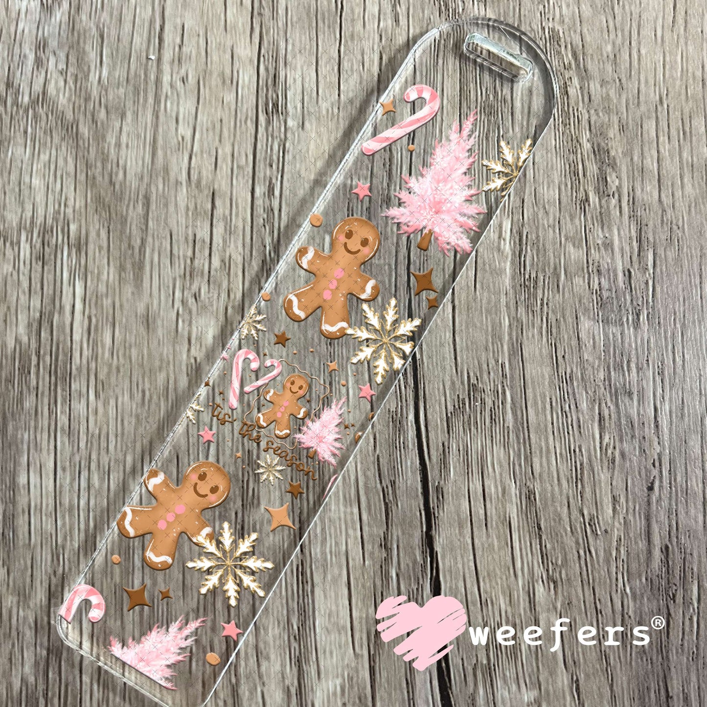 Tis the Season Pink Christmas Gingerbread and Trees UV DTF Cup Wrap Bookmark Weefers