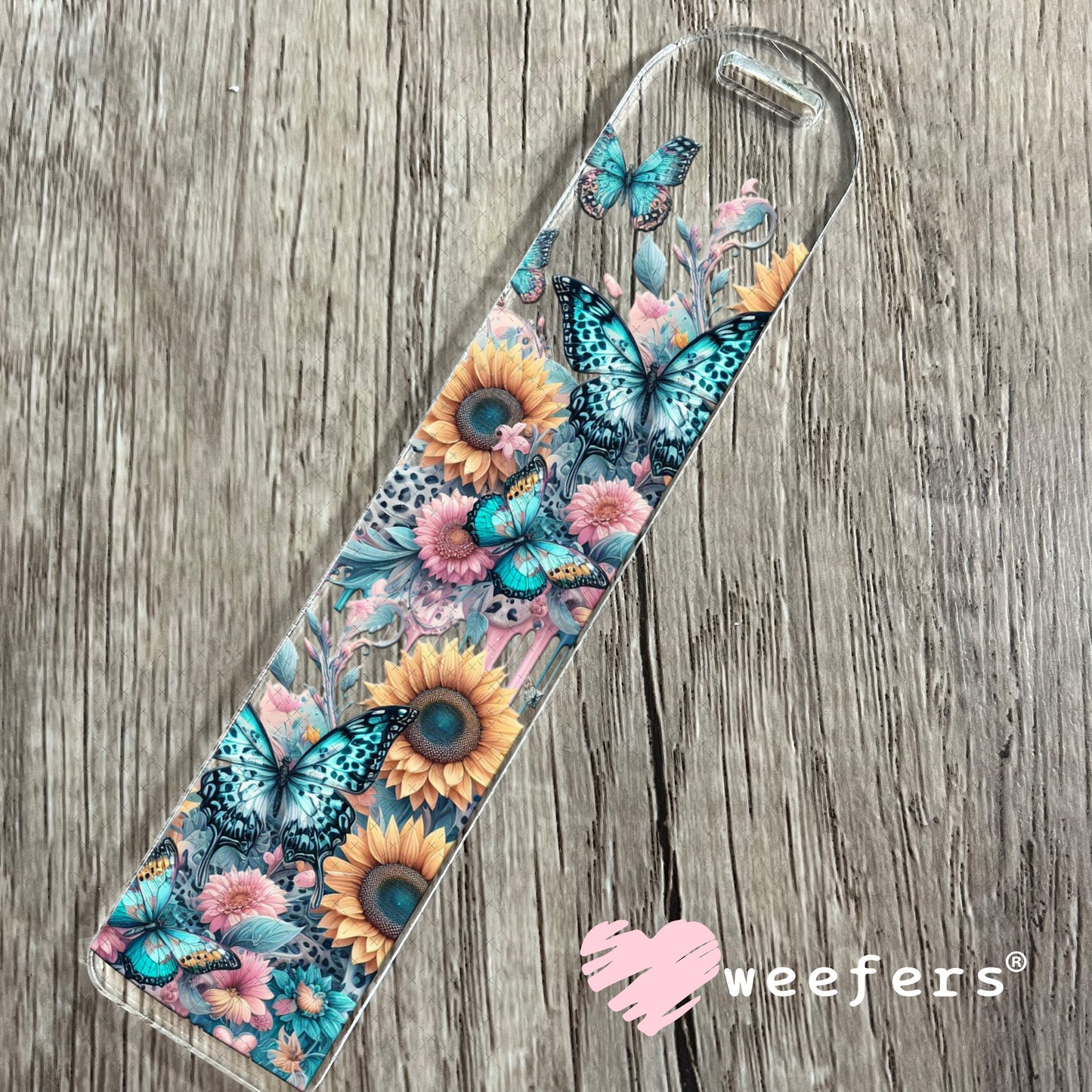 UV DTF Cup Wrap – Teal Pink Butterflies and Sunflowers