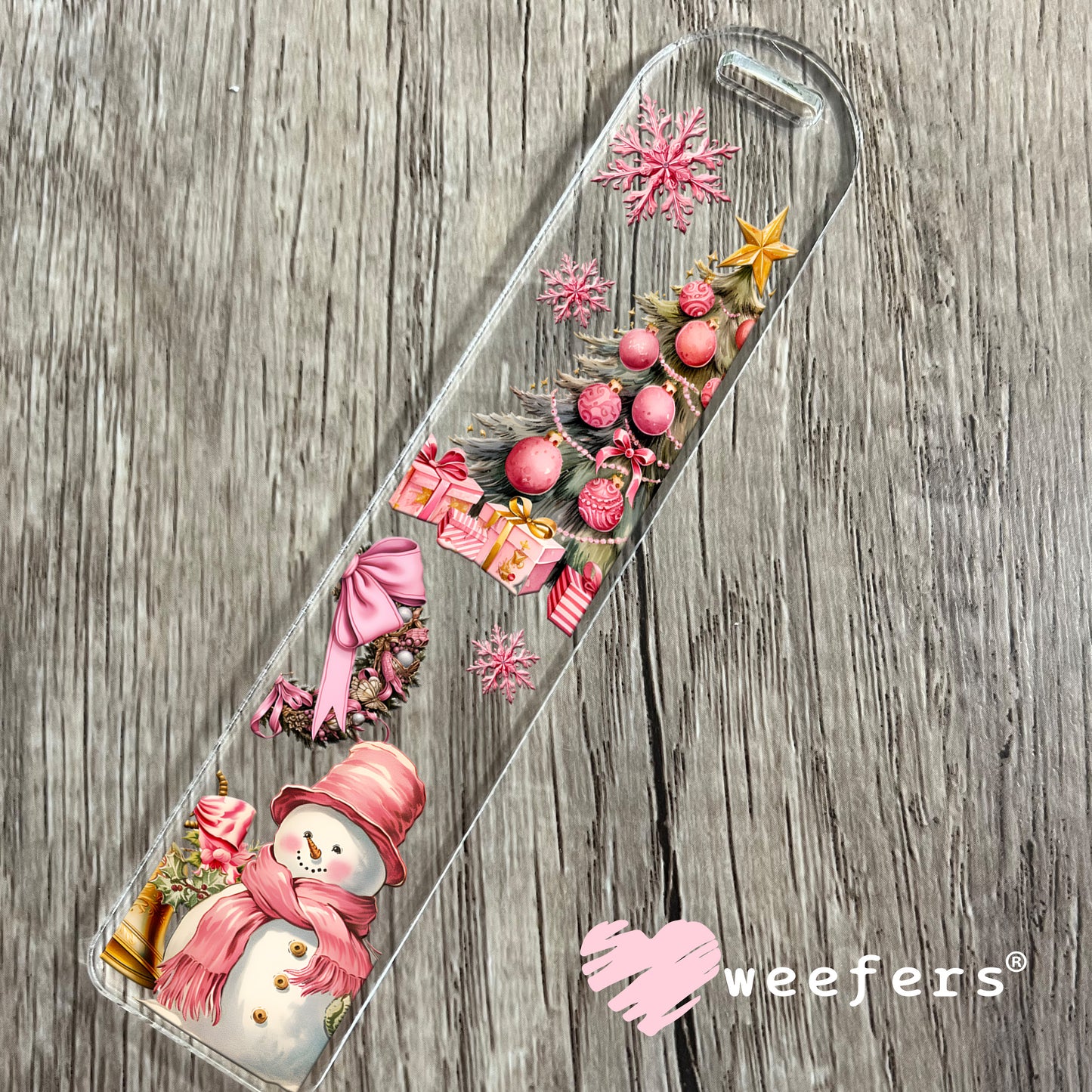 Pink Christmas Snowman Tree UV DTF Cup Wrap Bookmark Weefers
