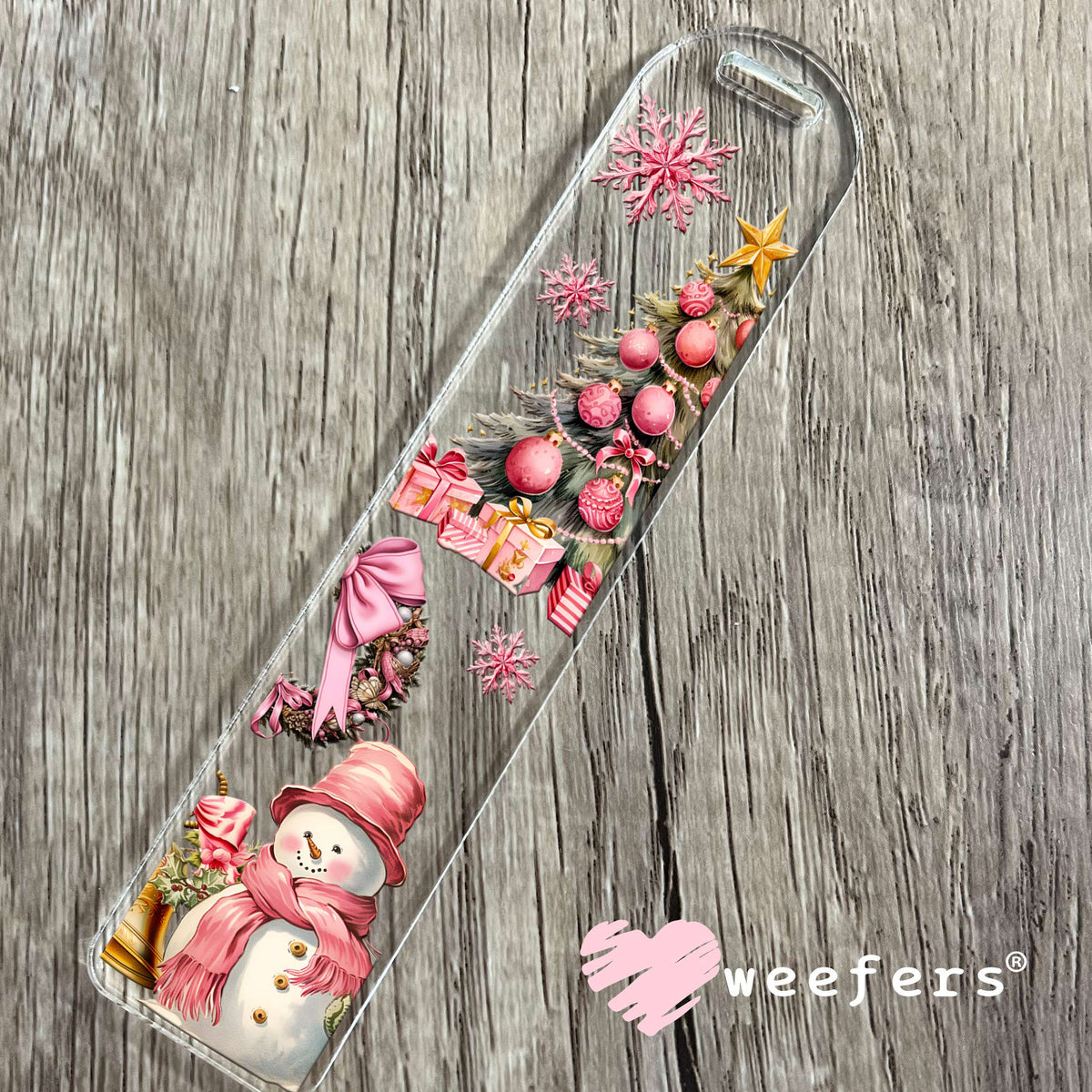 Pink Christmas Snowman Tree UV DTF Cup Wrap Bookmark Weefers