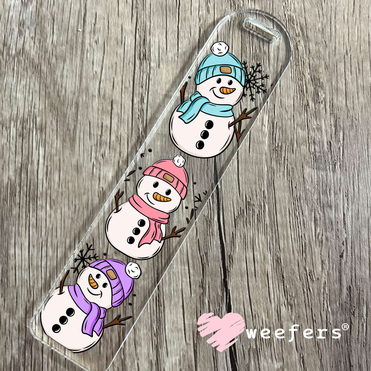 Snowmen Trio Blue Pink Purple UV DTF Cup Wrap Bookmark Weefers