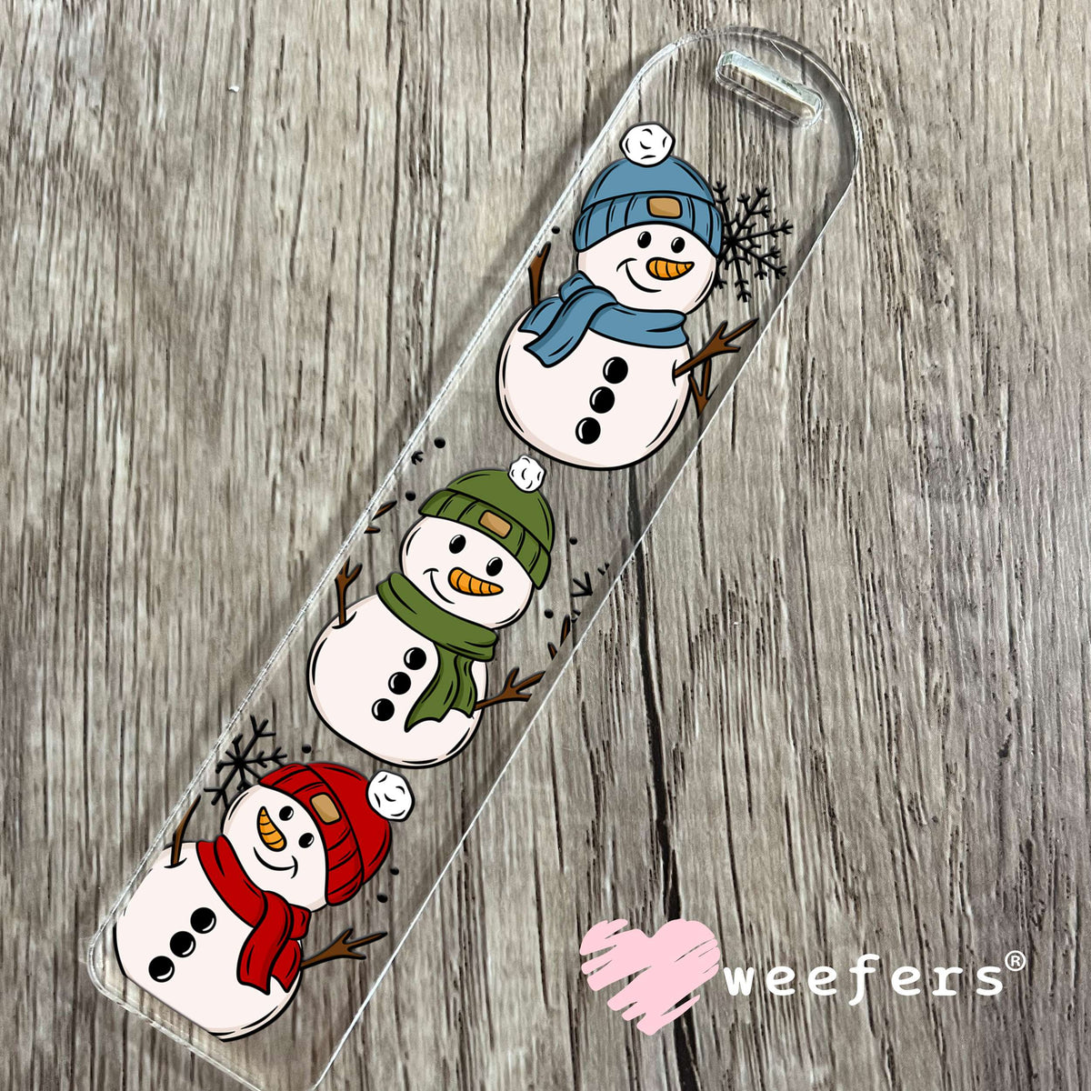 Snowmen Trio Blue Green Red UV DTF Cup Wrap Bookmark Weefers