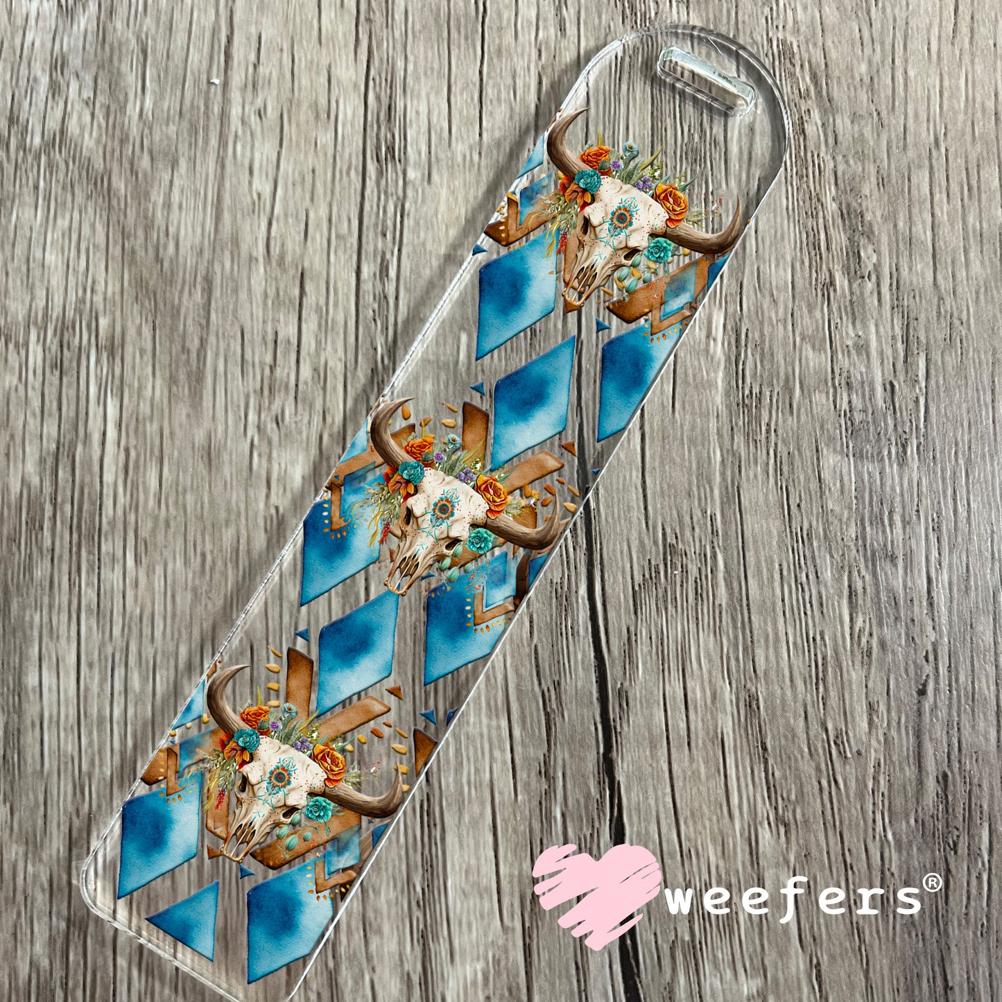 Aztec Blue Rust Cow Skull Western UV DTF Cup Wrap Bookmark Weefers