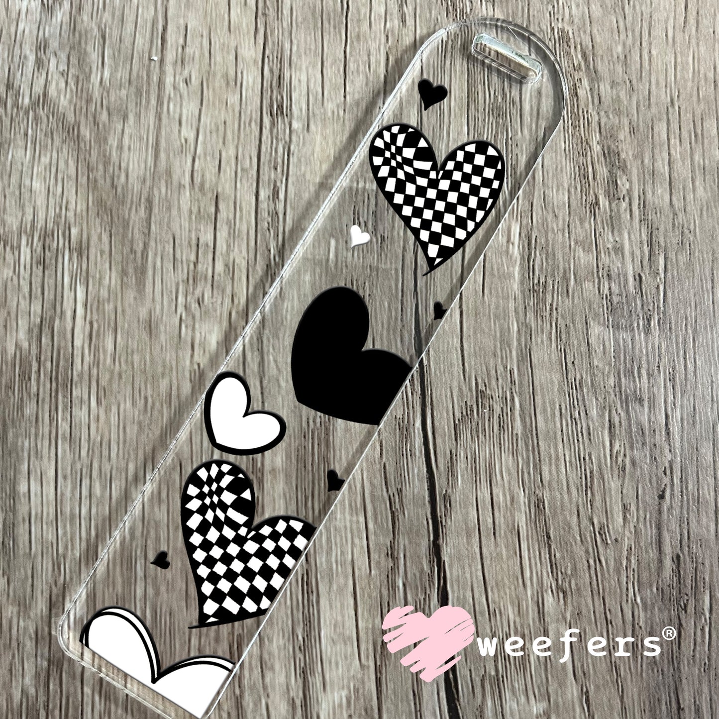 Black and White Checkered Hearts UV DTF Cup Wrap Bookmark Weefers