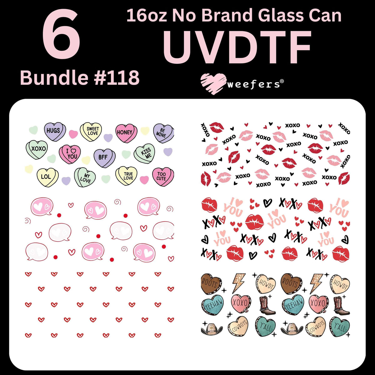 Valentine's 16oz Glass Can UV DTF Cup Wrap Bundle #118