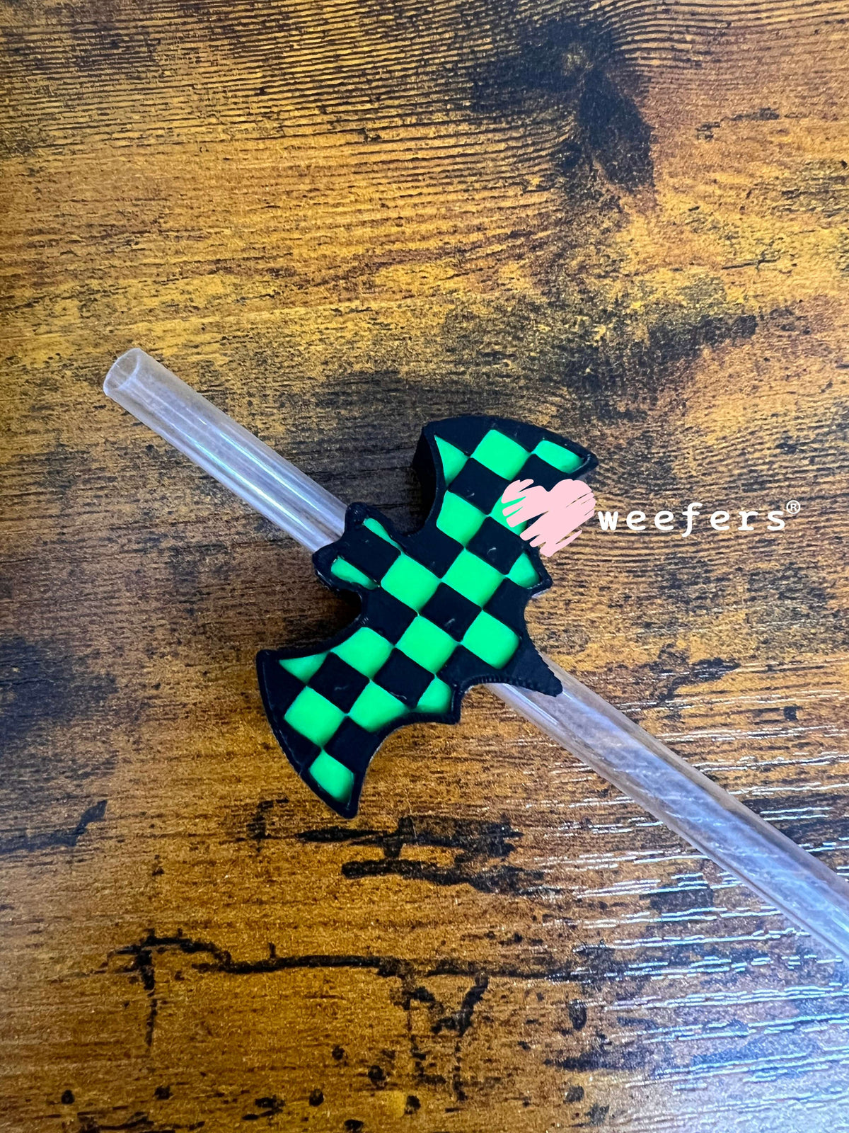 Black Green Checkered Bat - Straw Topper Buddy (Fits both 8mm and 10mm straws) Weefers