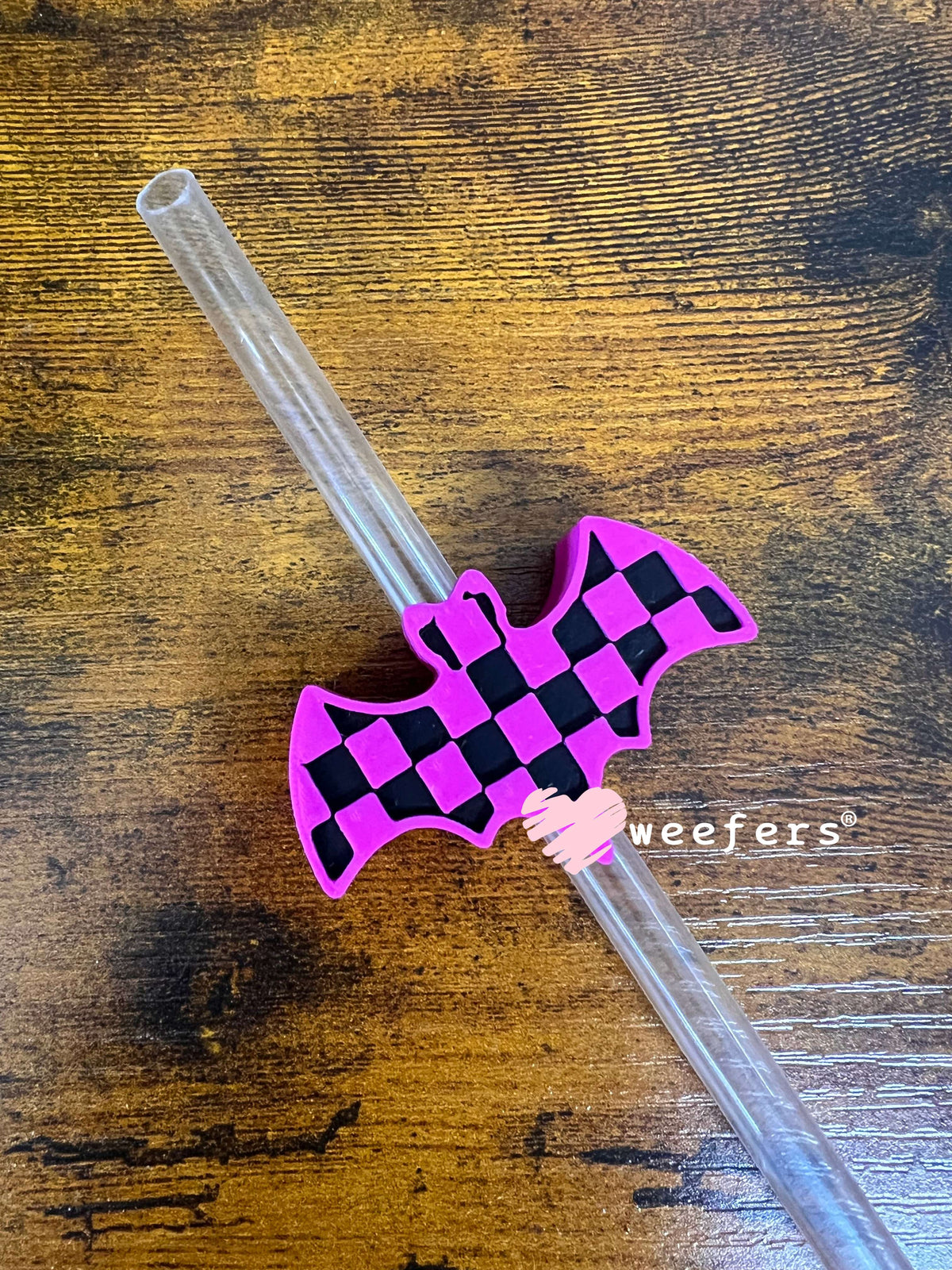 Hot Pink Black Checkered Bat - Straw Topper Buddy (Fits both 8mm and 10mm straws) Weefers