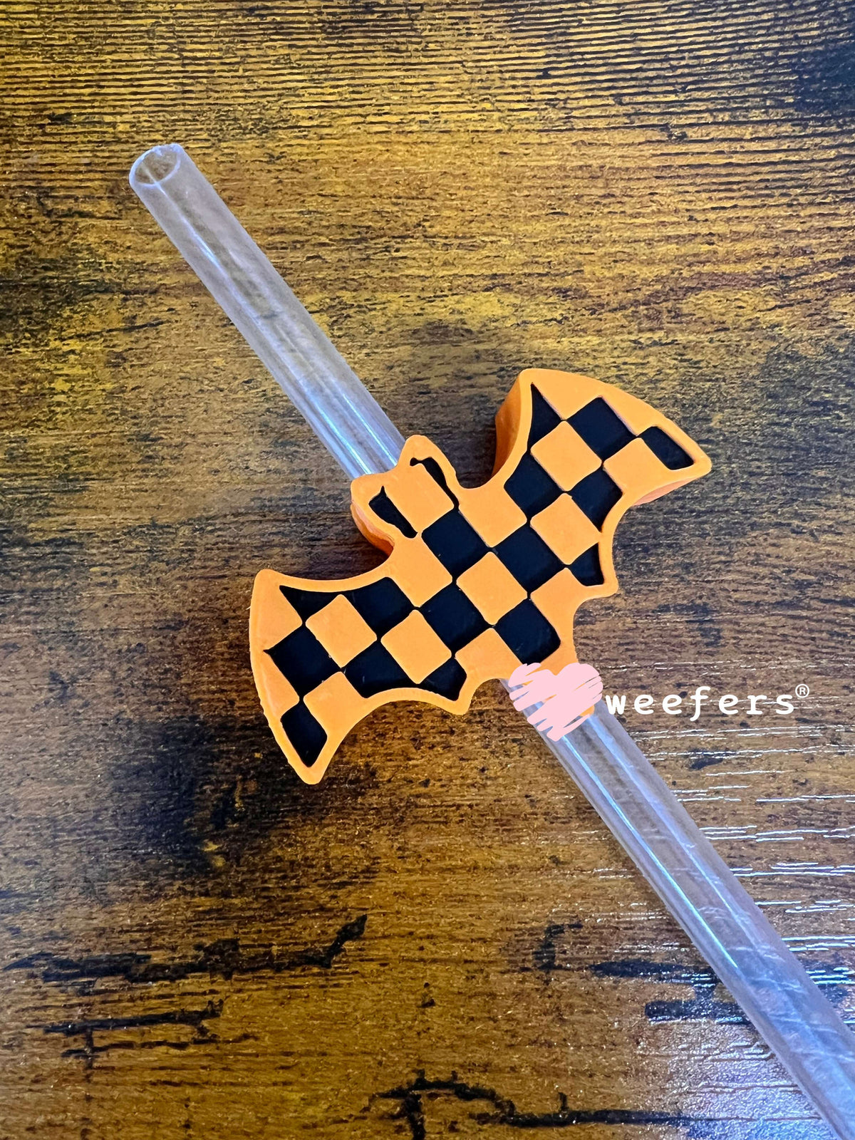 Orange Black Checkered Bat - Straw Topper Buddy (Fits both 8mm and 10mm straws) Weefers
