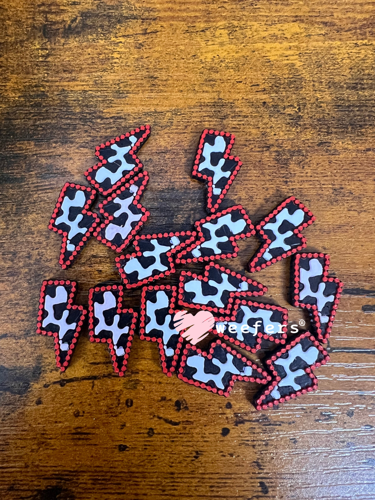 Red Cow Print Jewel Lightening Bolt Flat Back Lid Charms (5-Pack)| Junk Journals
