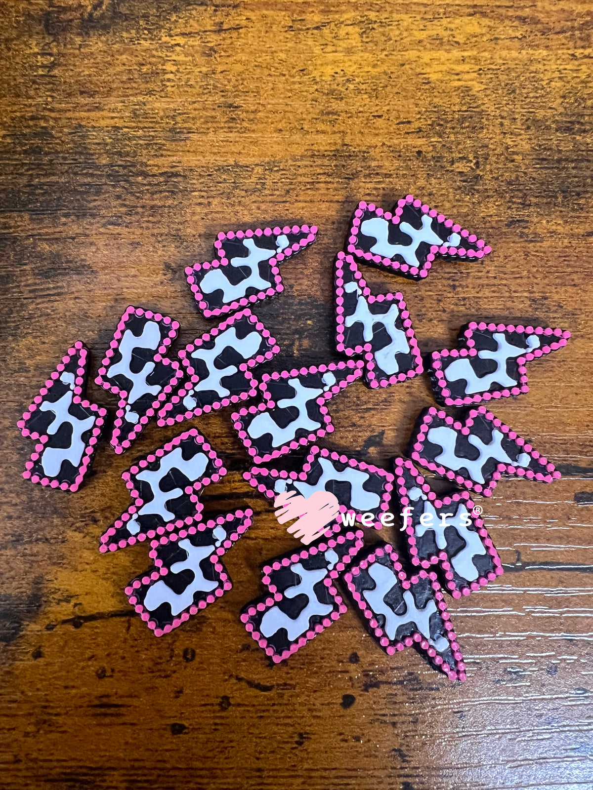 Hot Pink Cow Print Jewel Lightening Bolt Flat Back Lid Charms (5-Pack)| Junk Journals