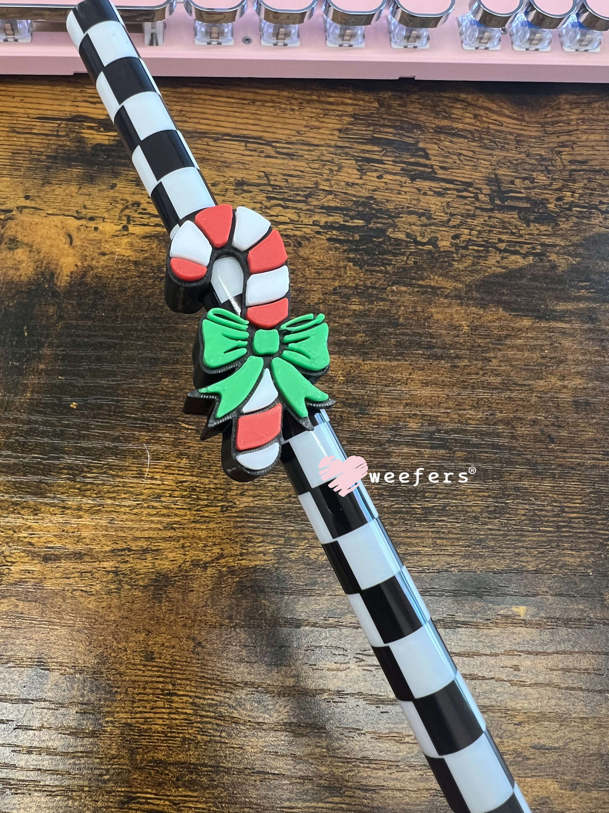 Candy Cane Bow Straw Topper Buddy Candy Cane Red White Green Bow - Large Weefers