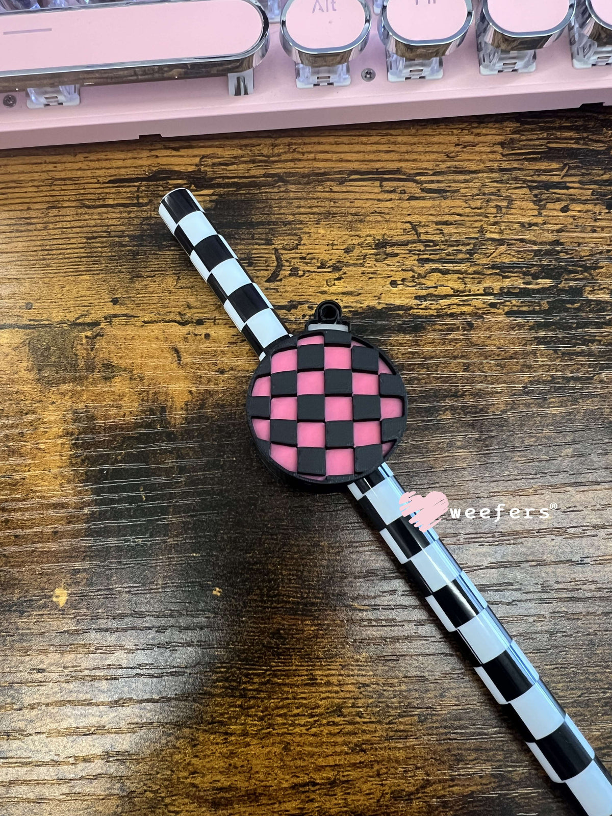Checkered Christmas Ornament Straw Topper Buddy Pink and Black - Large Weefers