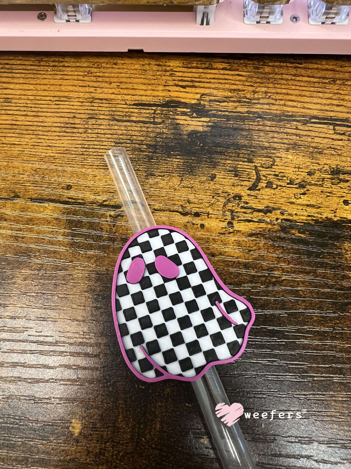 Checkered Ghostie Straw Topper Buddy Pink Checkered Black White - Large Weefers
