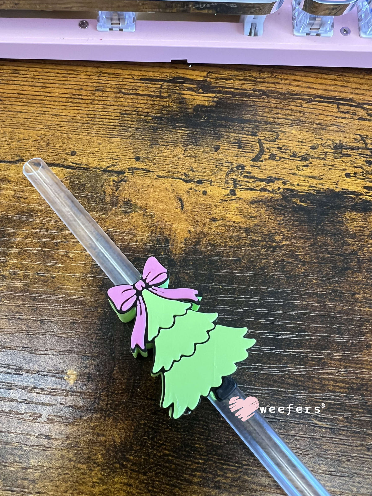 Christmas Tree Pink Bow Straw Topper Buddy Weefers