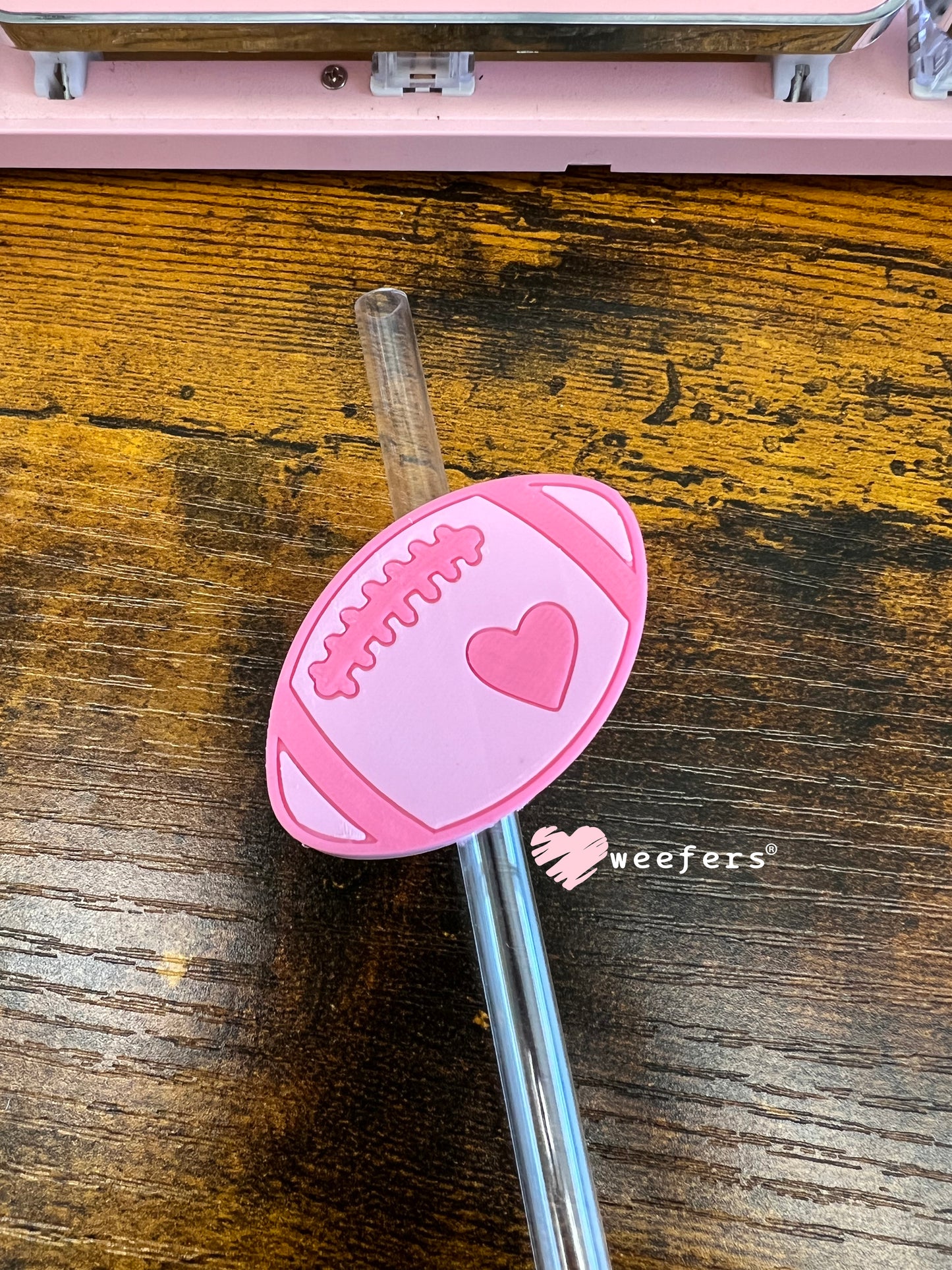Pink Football Heart Straw Topper Buddy Weefers